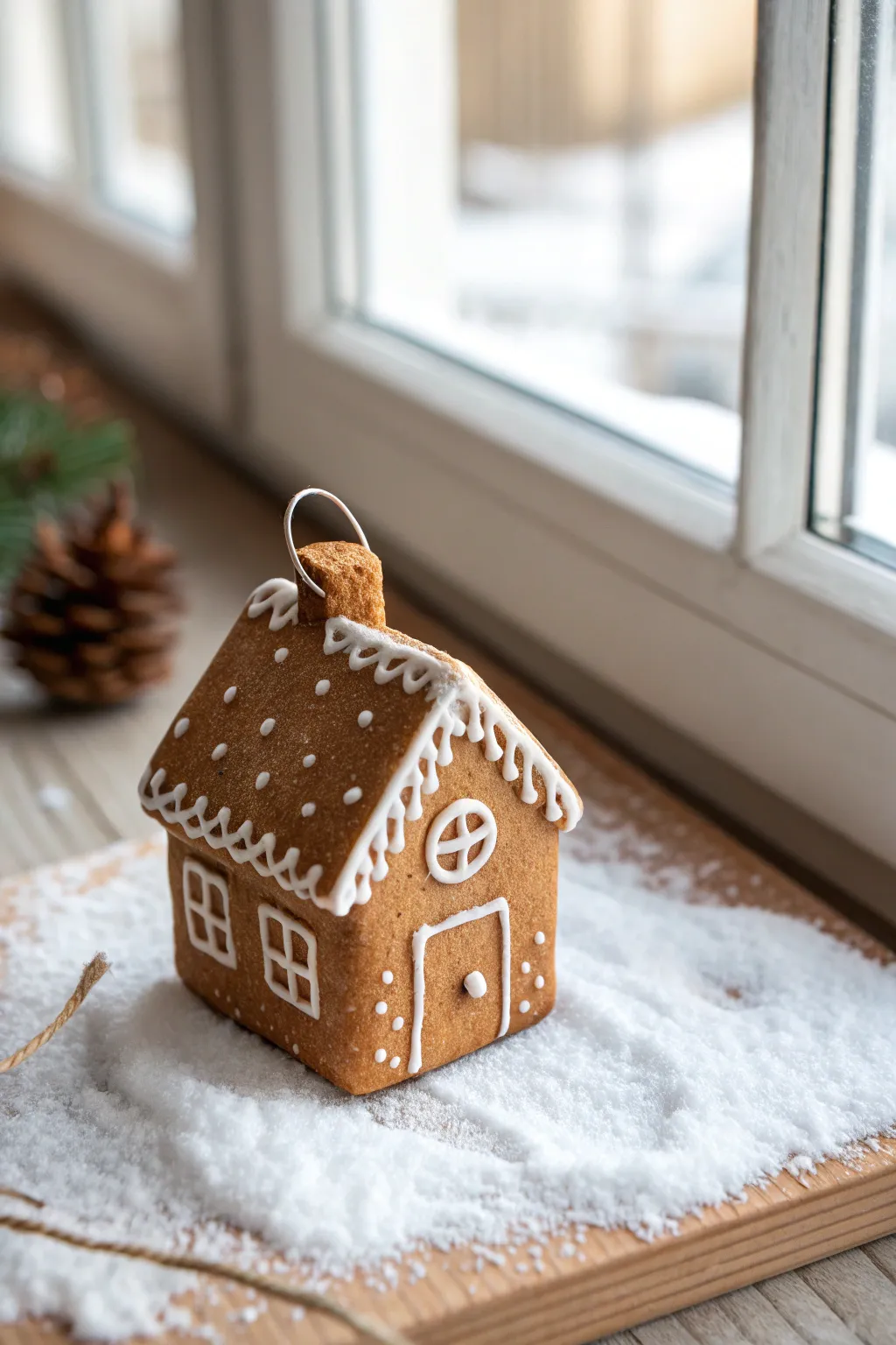 Mini clay gingerbread house ornament with simple icing details, cozy snowy holiday styling.