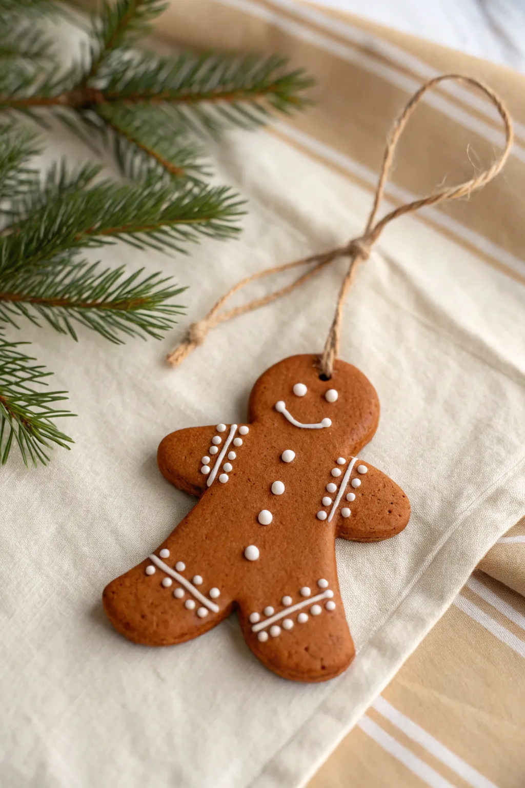 Simple clay gingerbread ornament with raised white icing details, tied with twine for hanging.