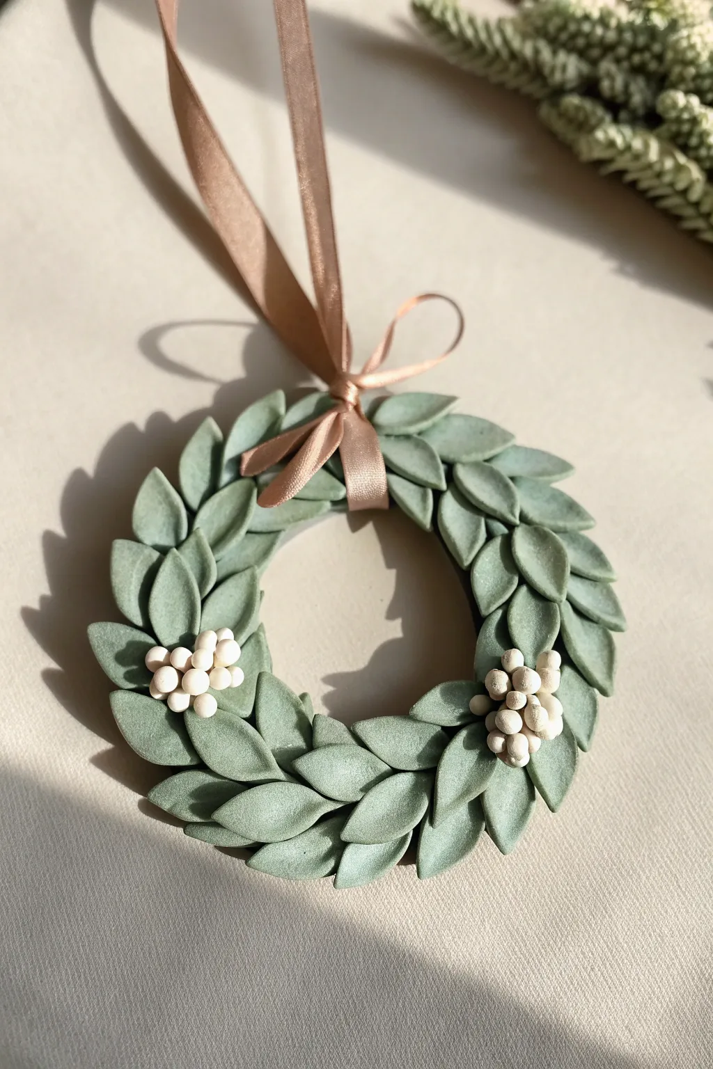 Modern clay wreath ornament in muted greens, a simple handmade touch for Christmas decor