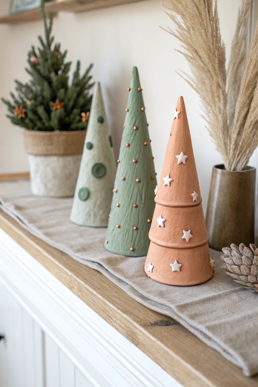 Cute cone Christmas tree minis with simple clay ornaments, cozy Scandinavian holiday decor.
