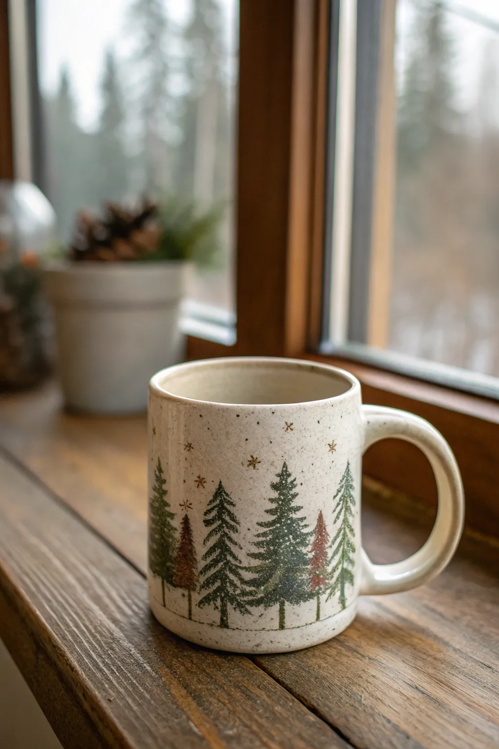 Minimalist Christmas mug with evergreen silhouettes in soft greens, cozy cocoa motif, handmade charm.