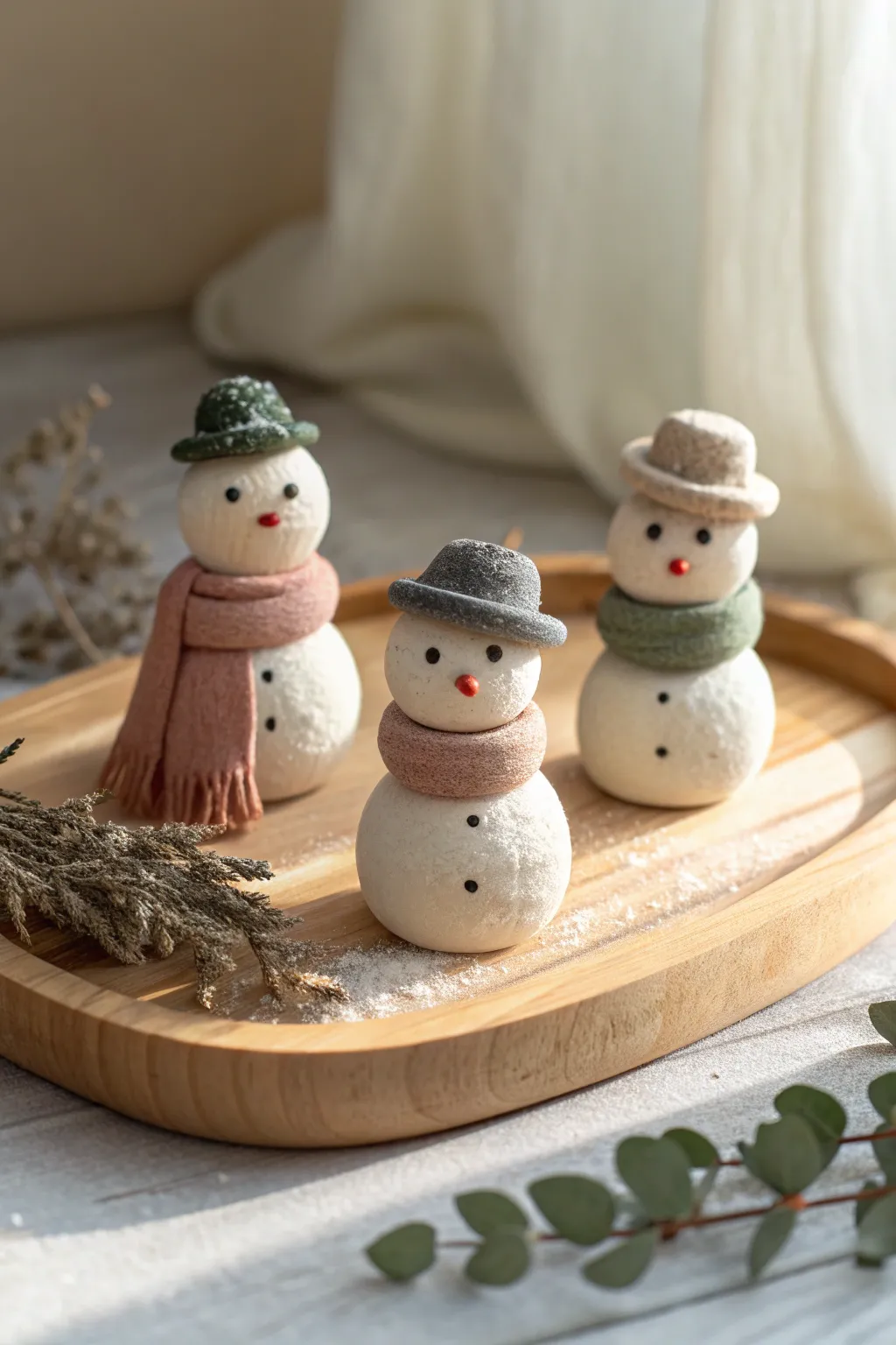A sweet trio of stacked clay snowmen with cozy scarves and tiny hats for minimalist Christmas decor.