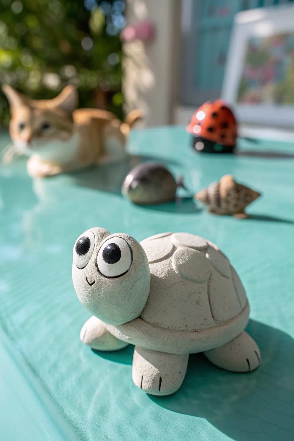 Beginner clay animals made cute: a googly-eyed turtle with simple friends in soft pastel tones.