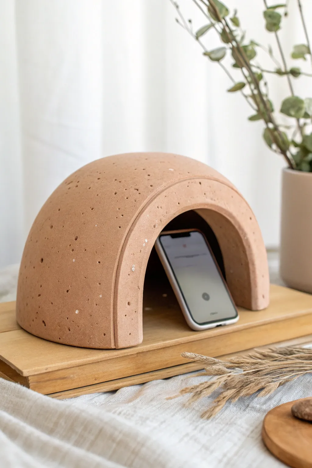 Arch bridge clay amplifier with a clean phone slot and warm matte finish, simple and cozy