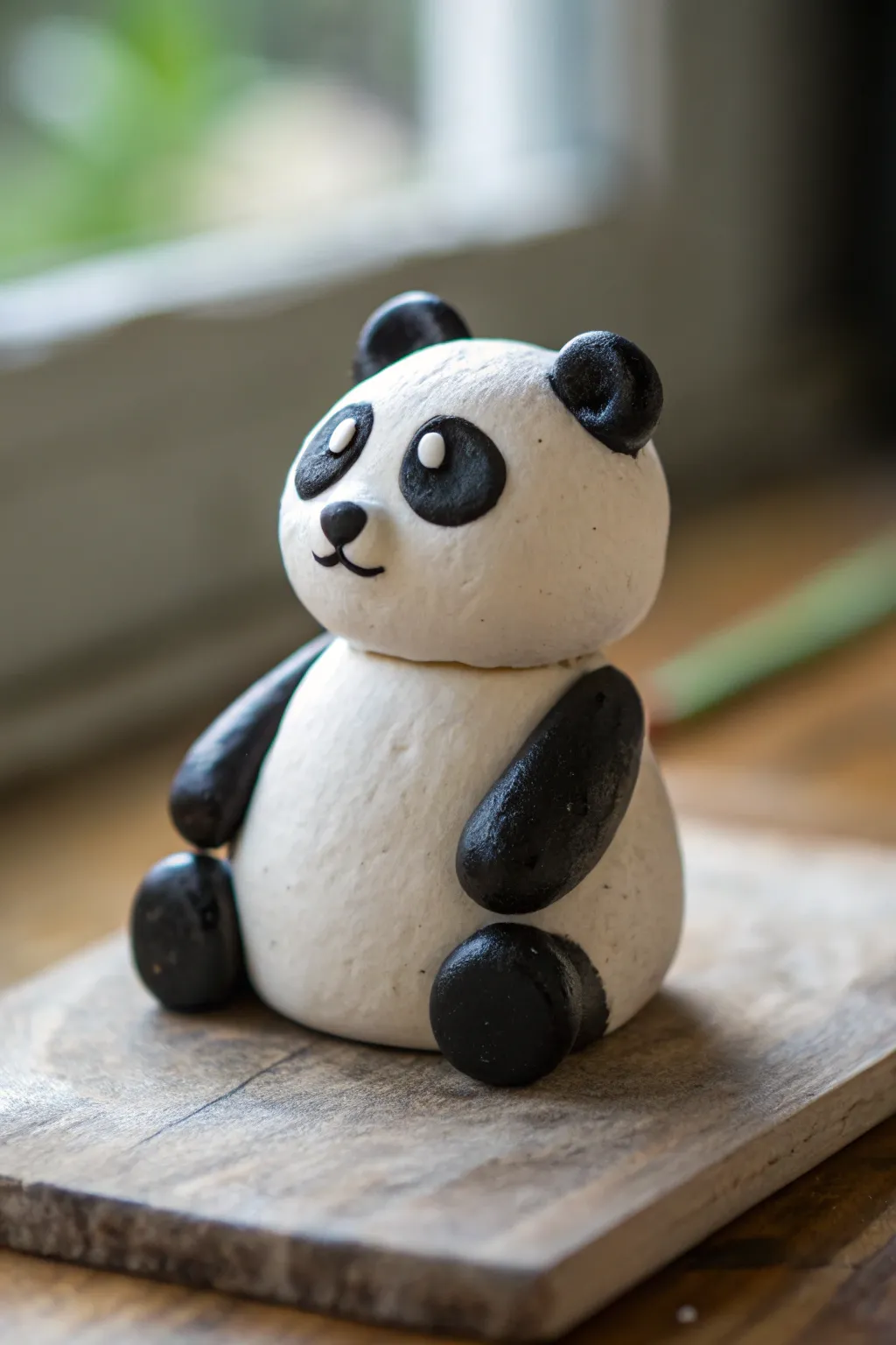 Cute mini clay panda with simple black patches, styled in a clean Scandinavian setting