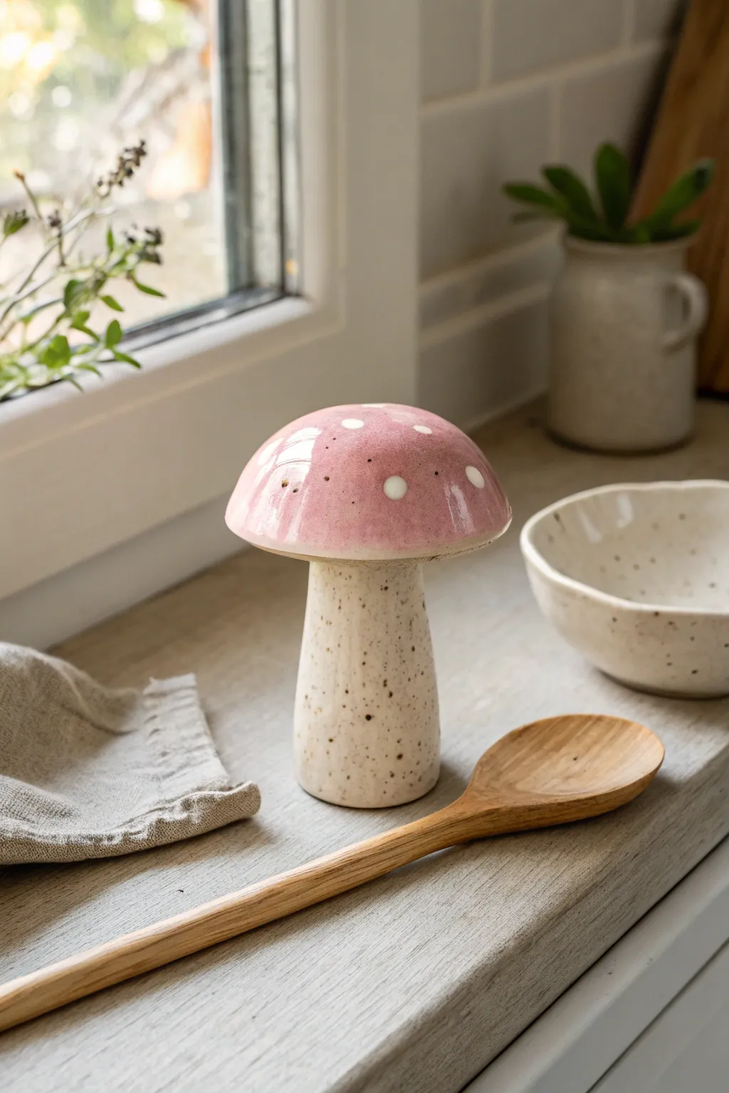 Pastel mushroom spoon rest with cozy cottagecore charm for a calm, minimalist kitchen moment