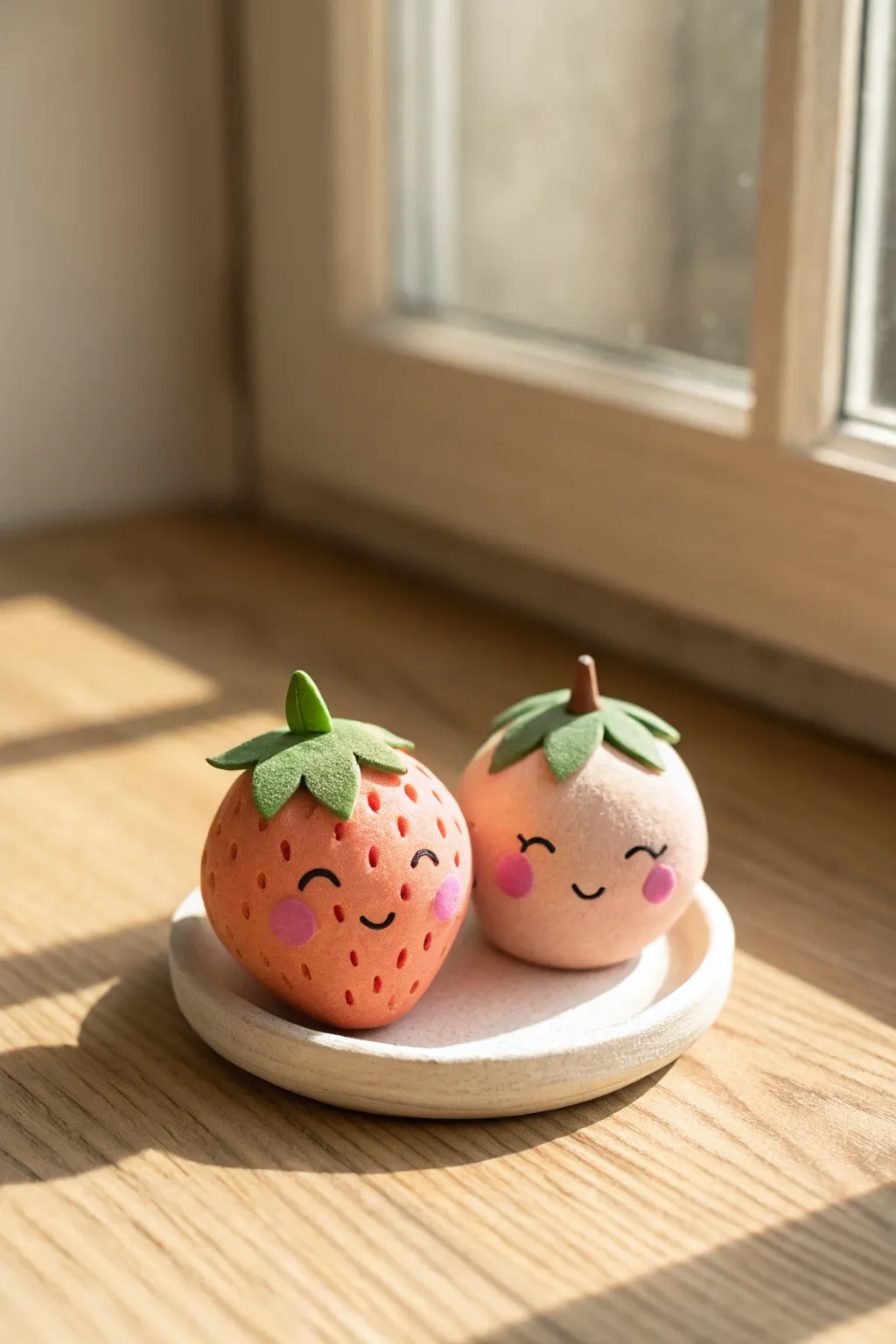 Sweet clay fruit duo: smiling strawberry and peach minis in soft pastels on a clean saucer
