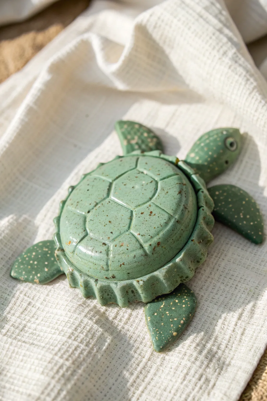 Easy clay turtle with a recycled bottle-cap shell, perfect for a simple kids craft