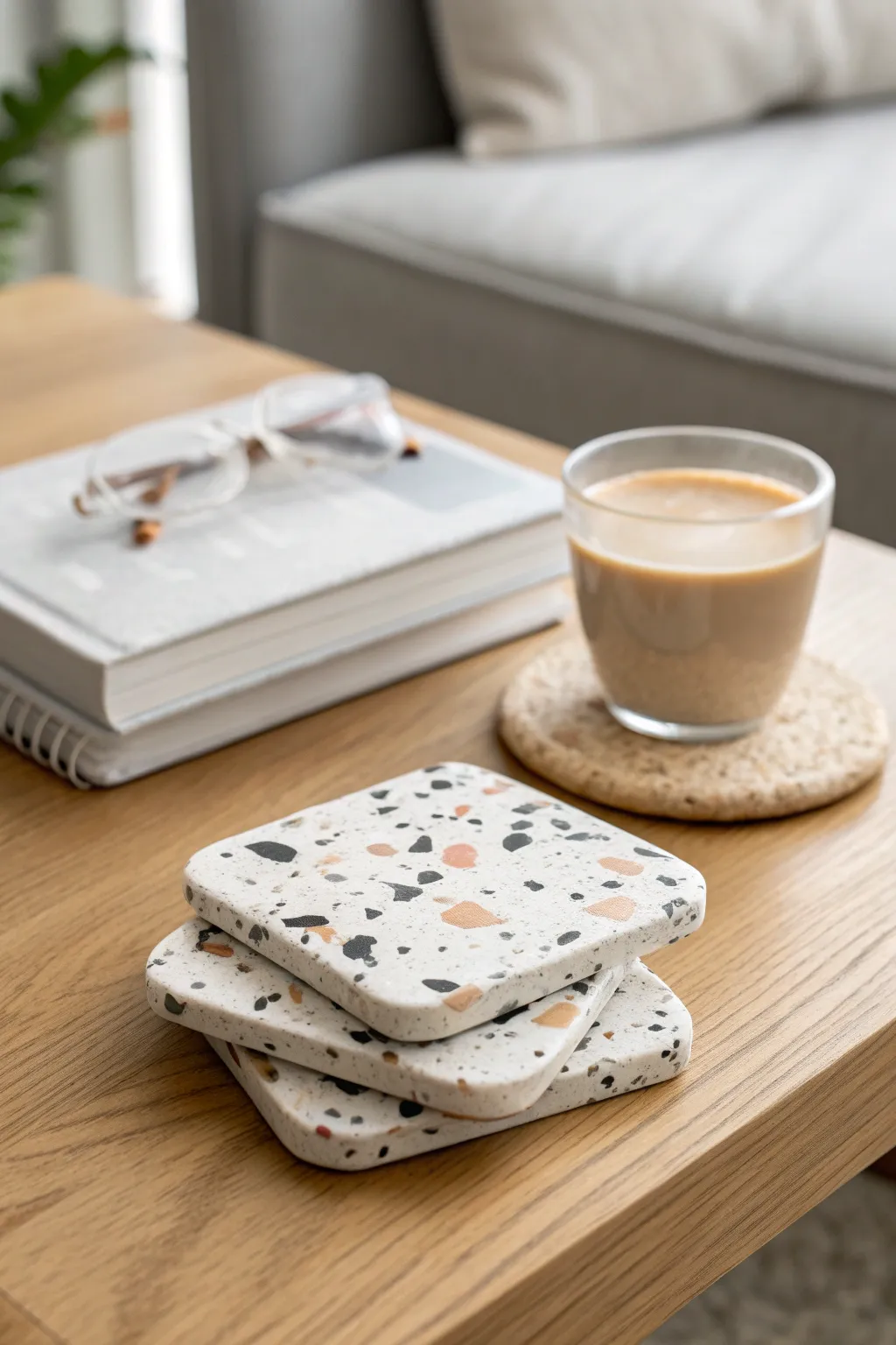Neutral terrazzo coasters add handcrafted charm to a minimalist coffee table vignette.