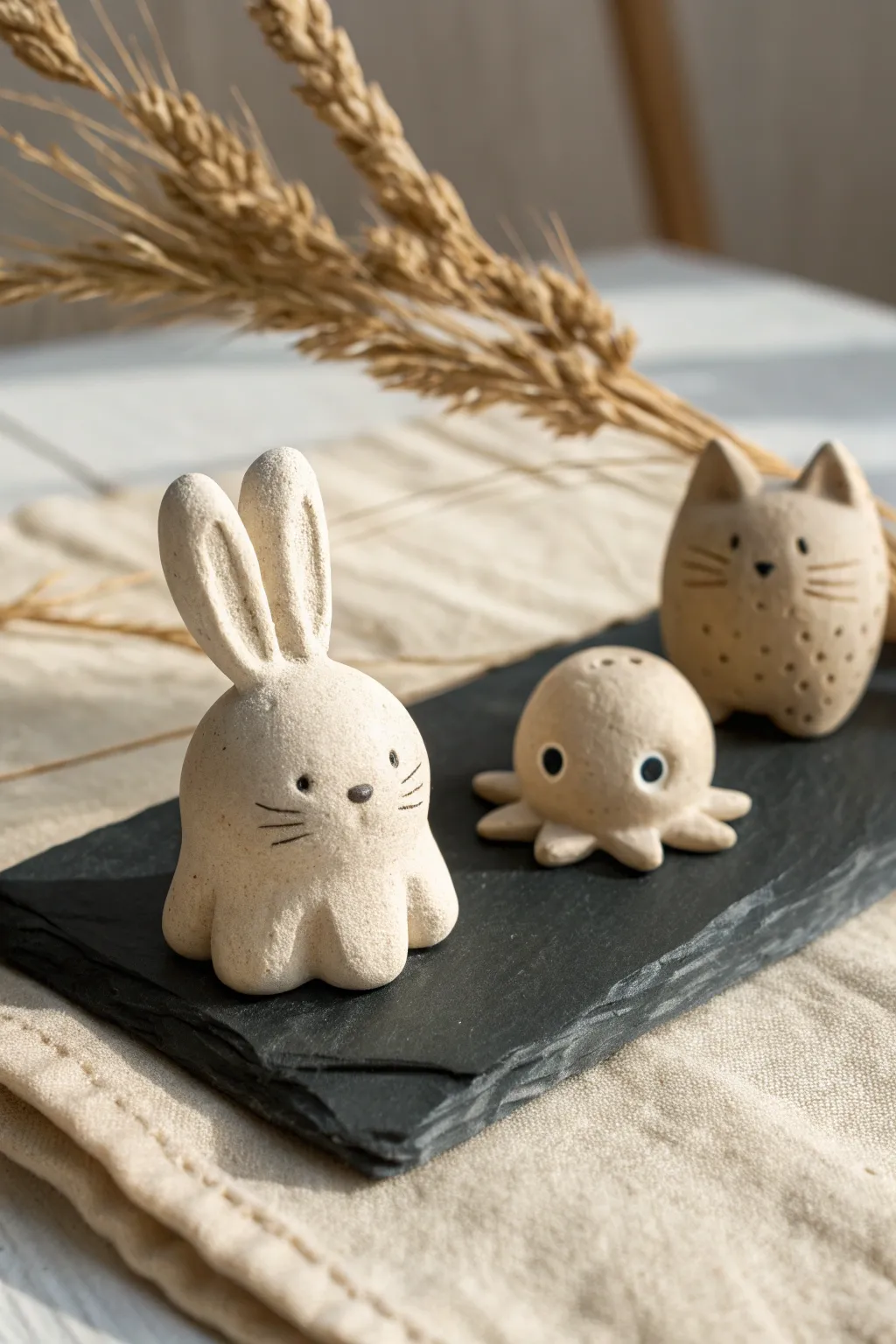Mini clay desk buddies: bunny, cat, and octopus made from simple beginner-friendly shapes