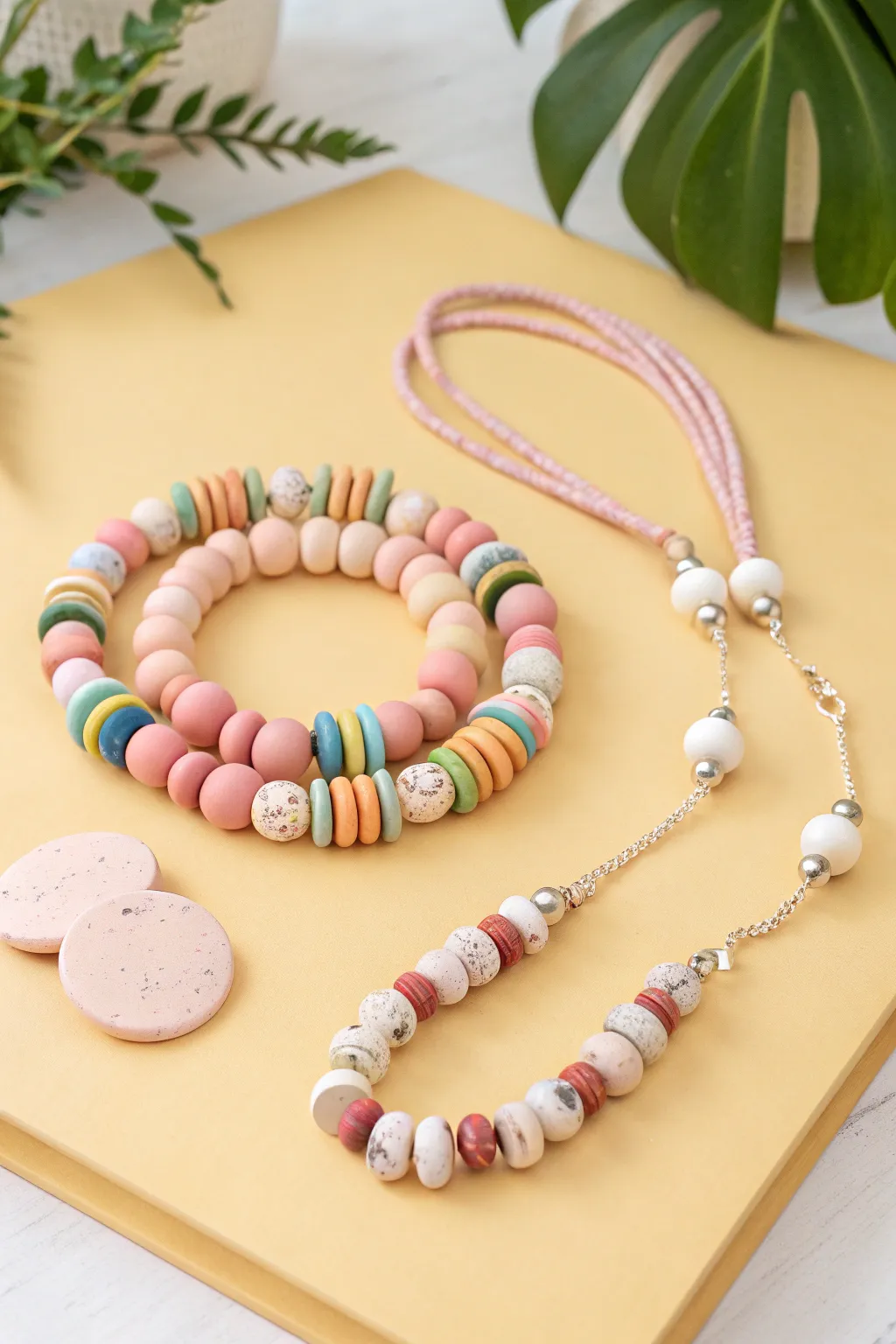 Rainbow clay bead bracelets and necklace: a playful, kid-friendly craft with modern boho charm.