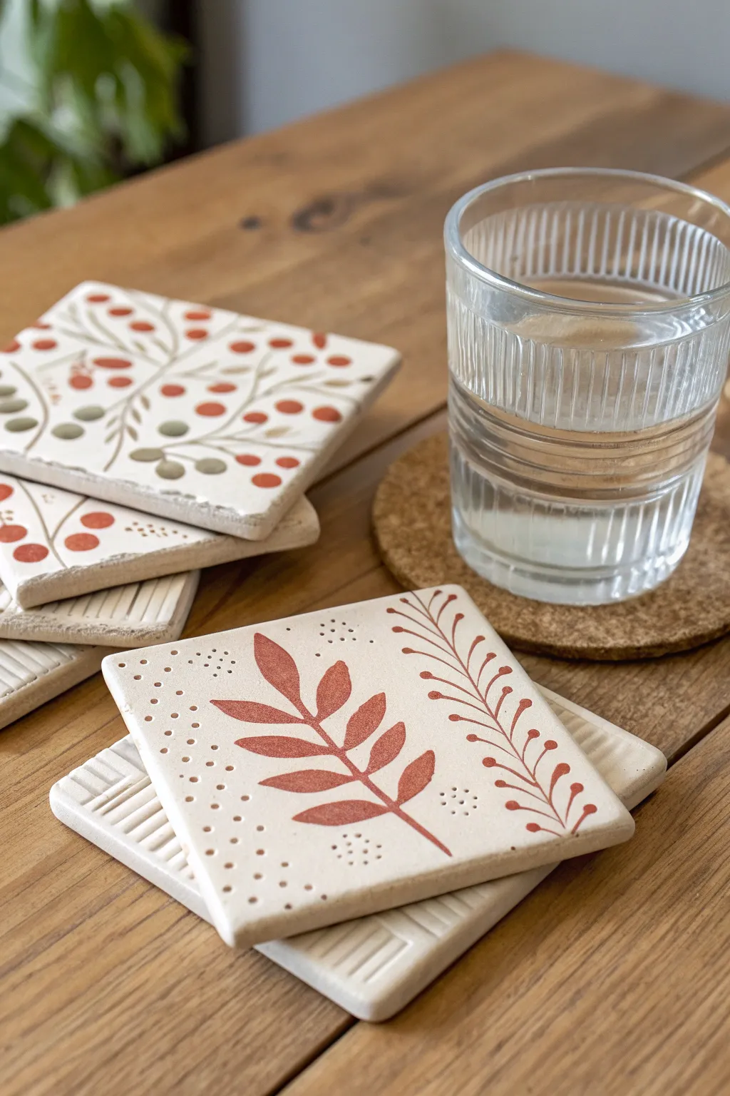 Stamped clay tile coasters in soft neutral tones, stacked neatly with a simple glass for scale