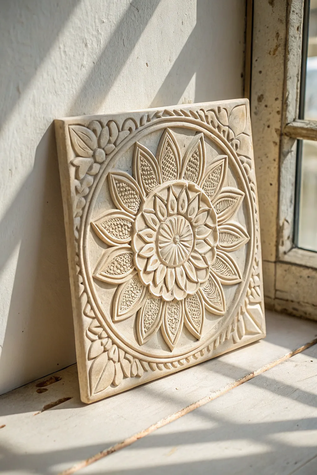 Soft matte mandala wall tile with carved texture, Scandinavian minimal boho statement.
