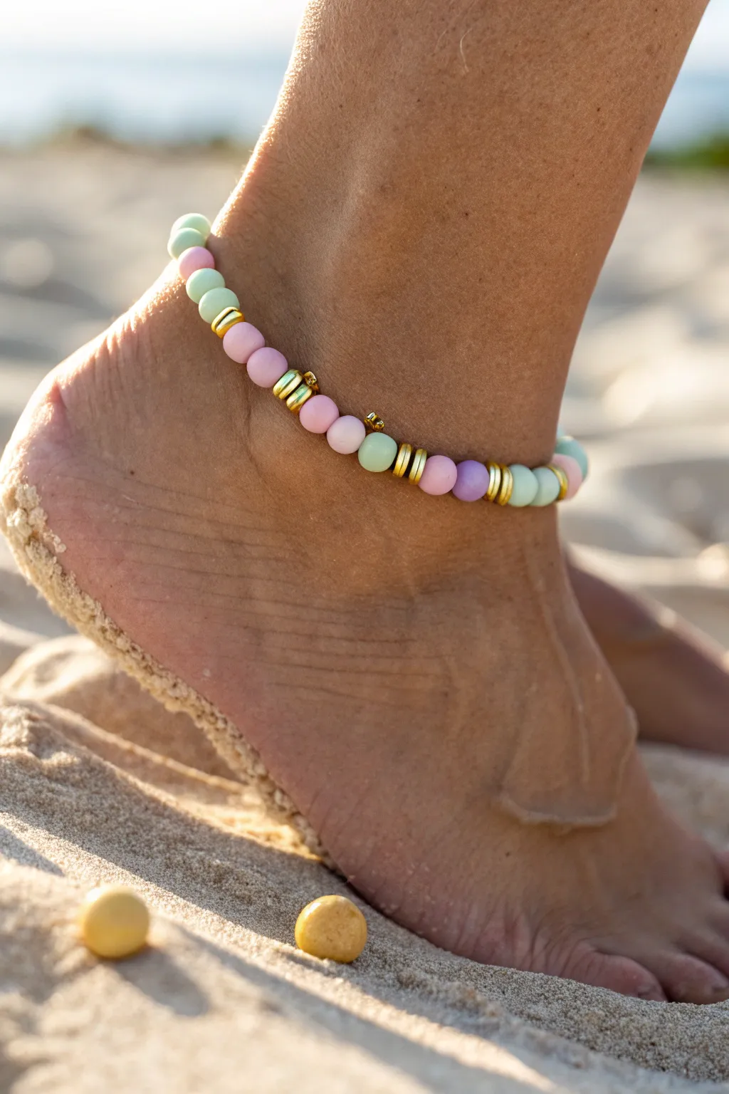 Pastel sorbet color-block clay bead anklet for a soft minimalist boho summer look