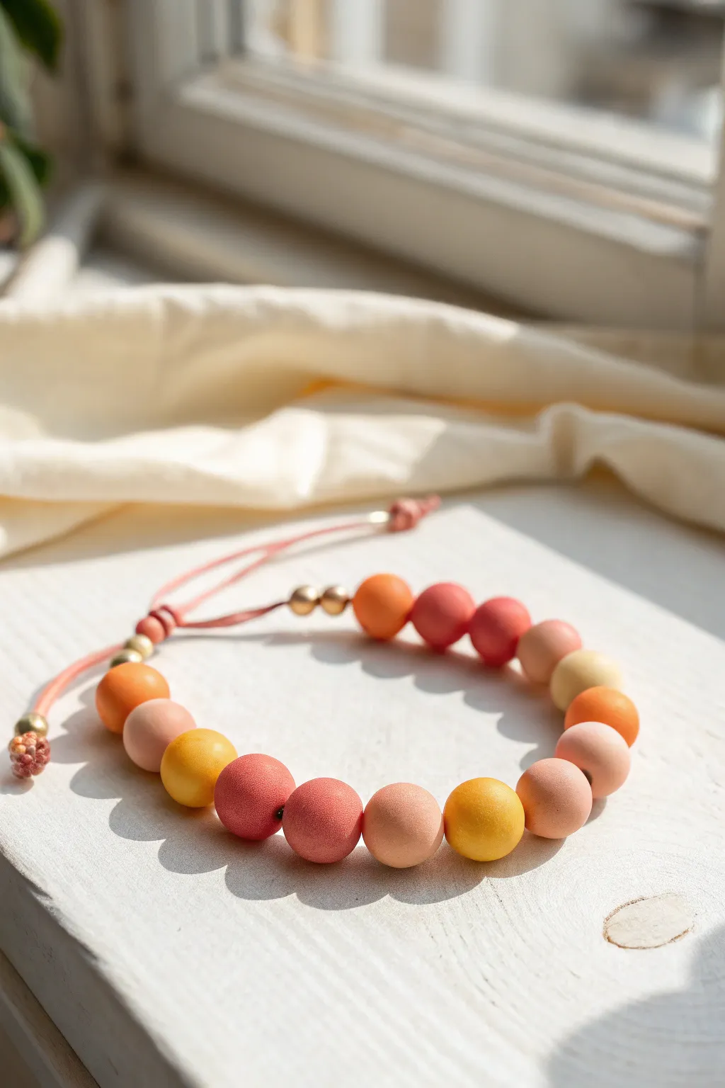 Sunset sorbet clay bead bracelet in coral, peach, pink, and sunny yellow on bright linen