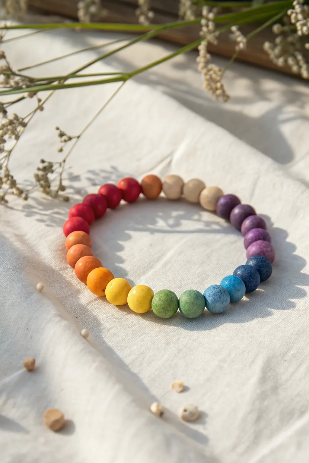 Rainbow-order clay bead bracelet in a smooth warm-to-cool gradient, minimal and handmade