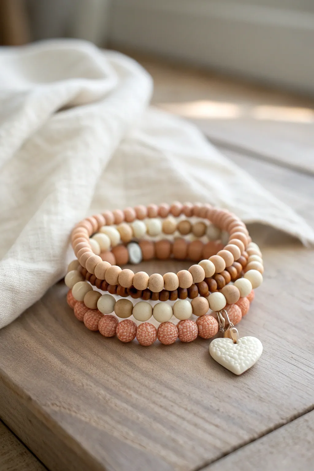Blush, beige, and cream clay bead heart bundle, an easy everyday stack with cozy neutral charm.