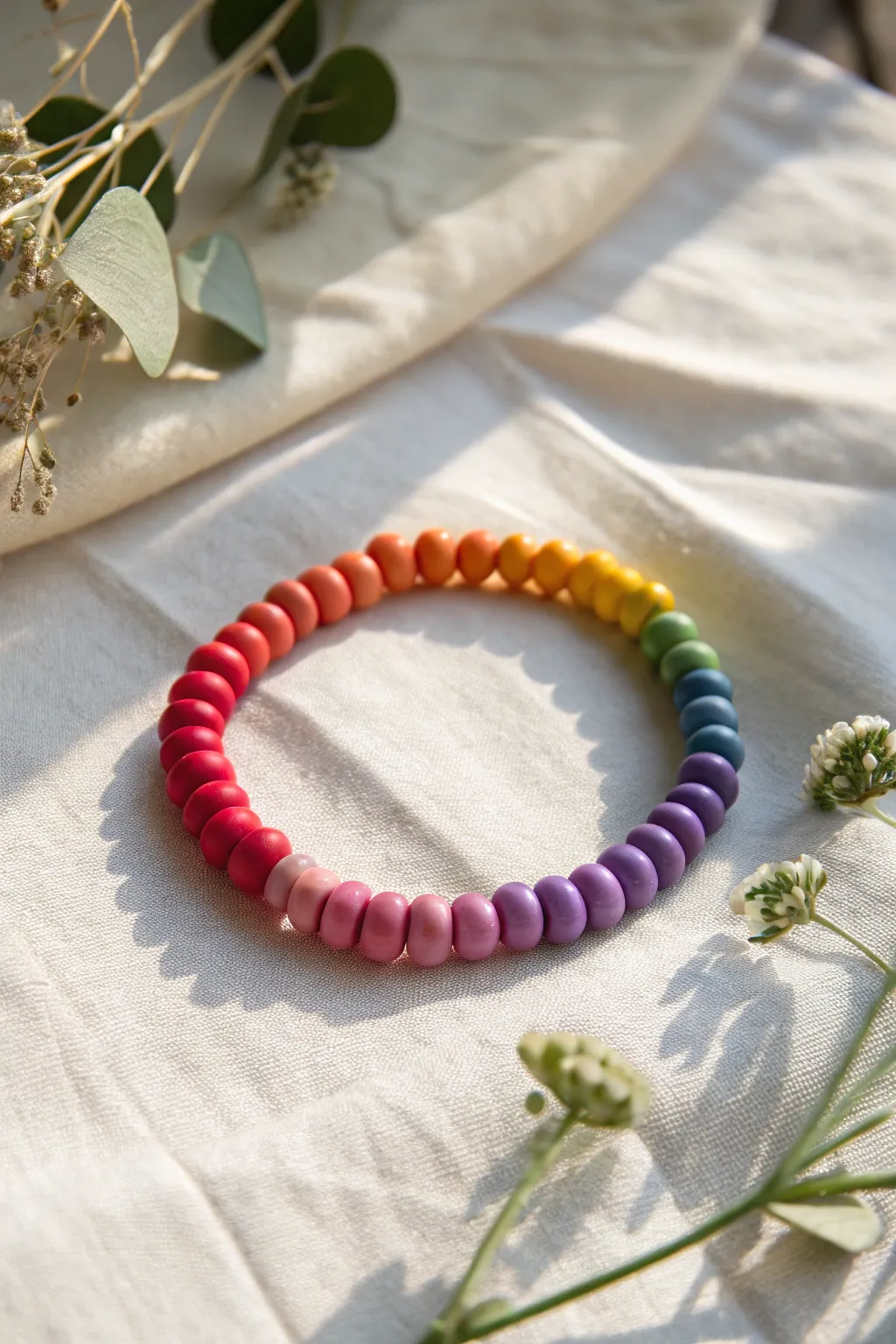 Classic rainbow-order clay bead bracelet in a clean minimalist flat lay with bright, airy contrast.