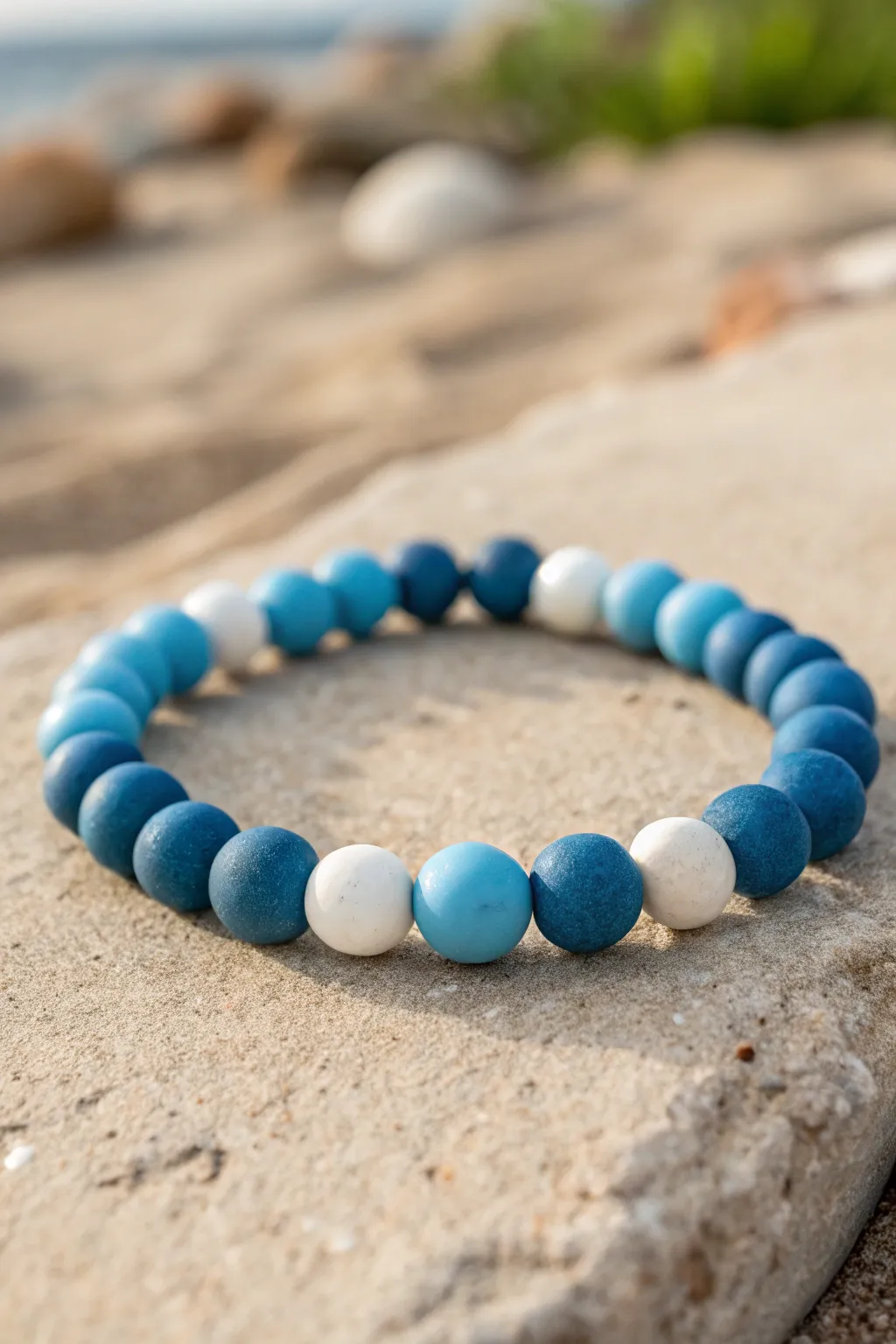 Ocean-inspired blue and white clay bead bracelet on sandy stone, clean minimalist beach vibe