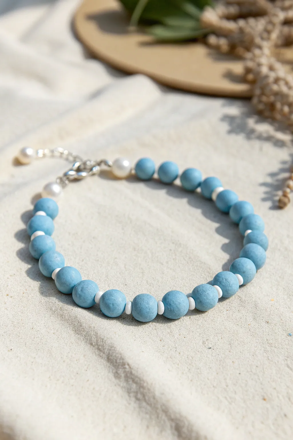 Sky-blue clay beads with tiny white pearl breaks for a fresh sea-foam inspired bracelet