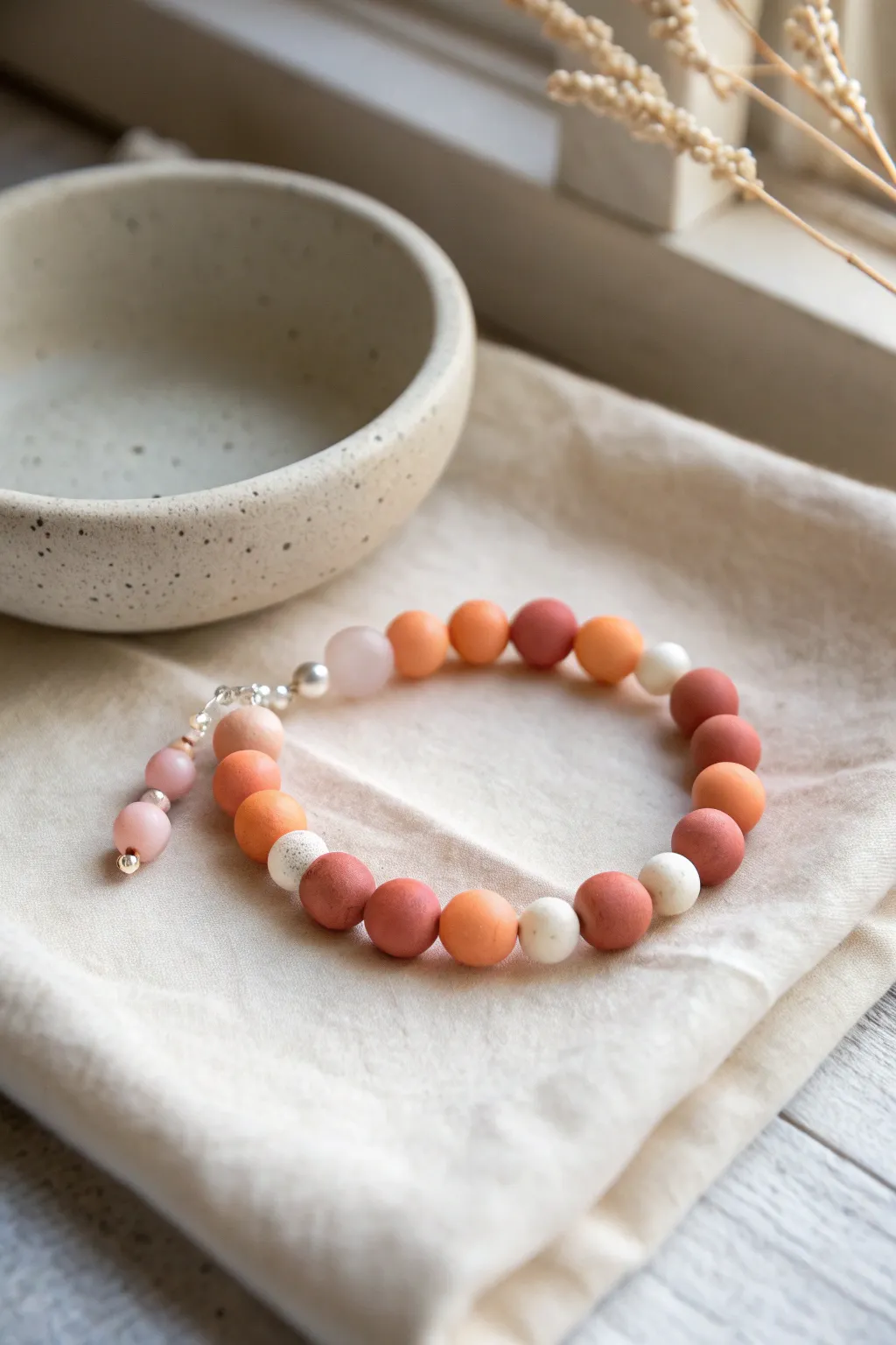Sunset sorbet clay bead bracelet in coral, peach, and pink with crisp white accents.
