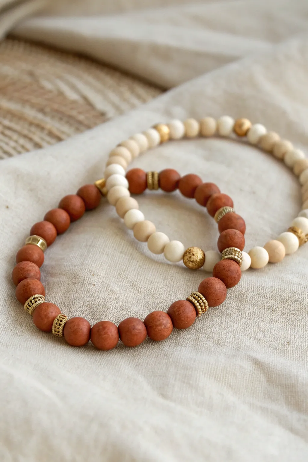 Half-and-half clay bead bracelets that mirror each other, perfect best-friend match set.