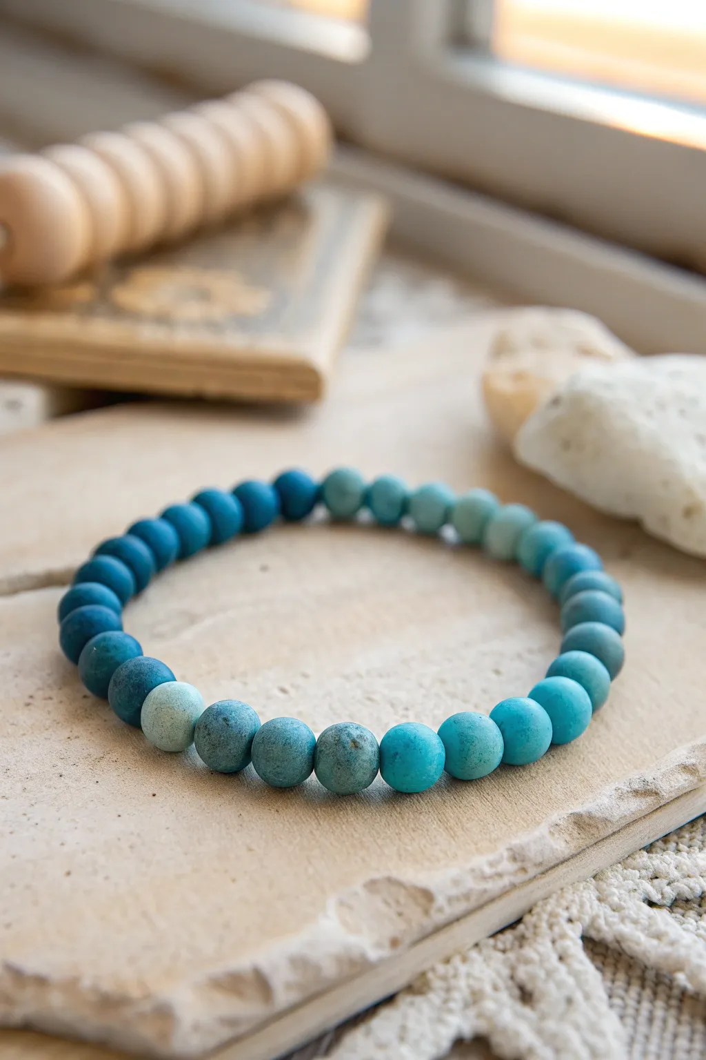 Ocean ombré clay bead bracelet from teal to aqua to blue, no white beads, serene minimalist vibe.