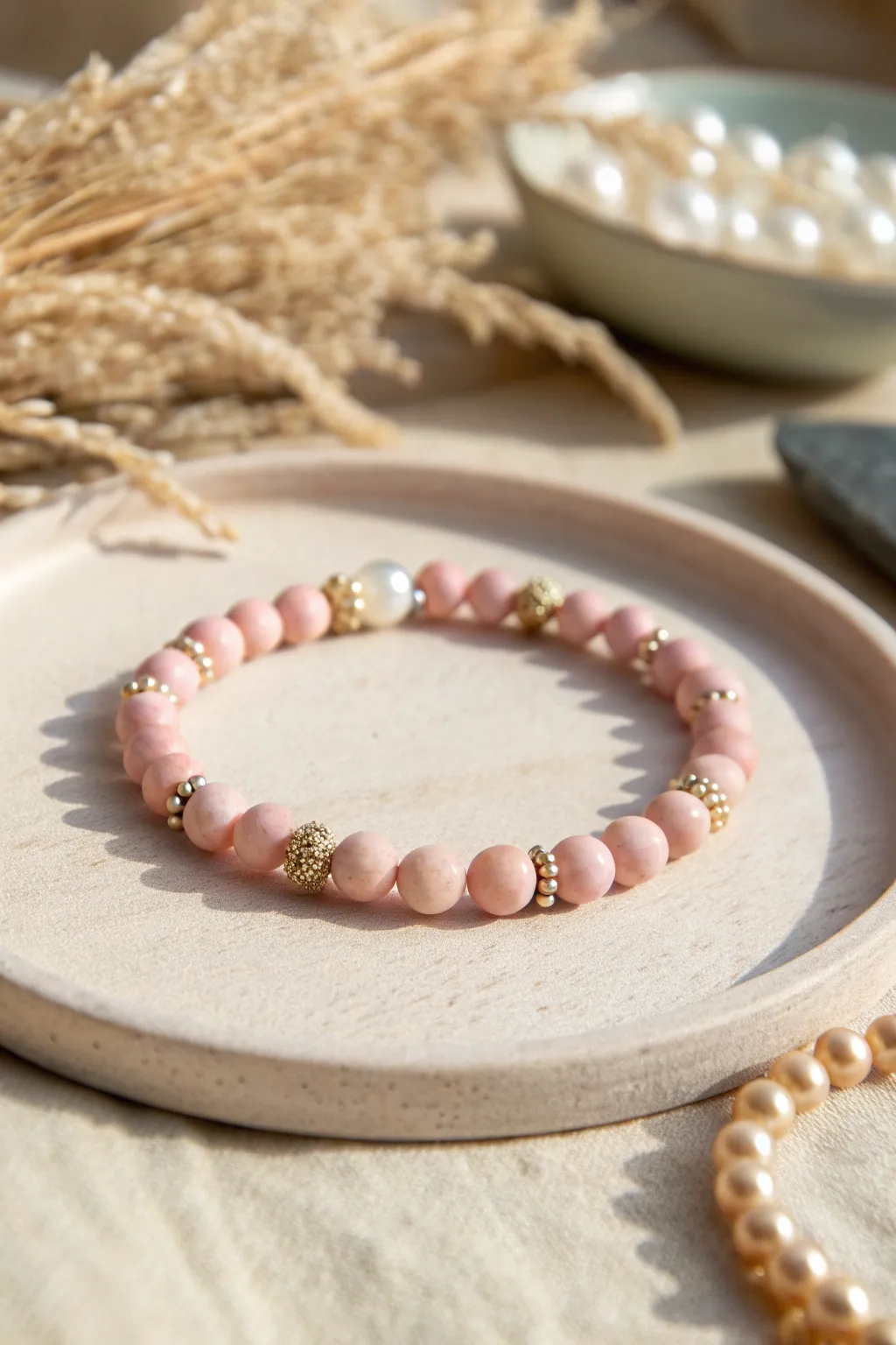 Soft pink clay beads meet pearl accents for an airy, minimalist bracelet with boho charm