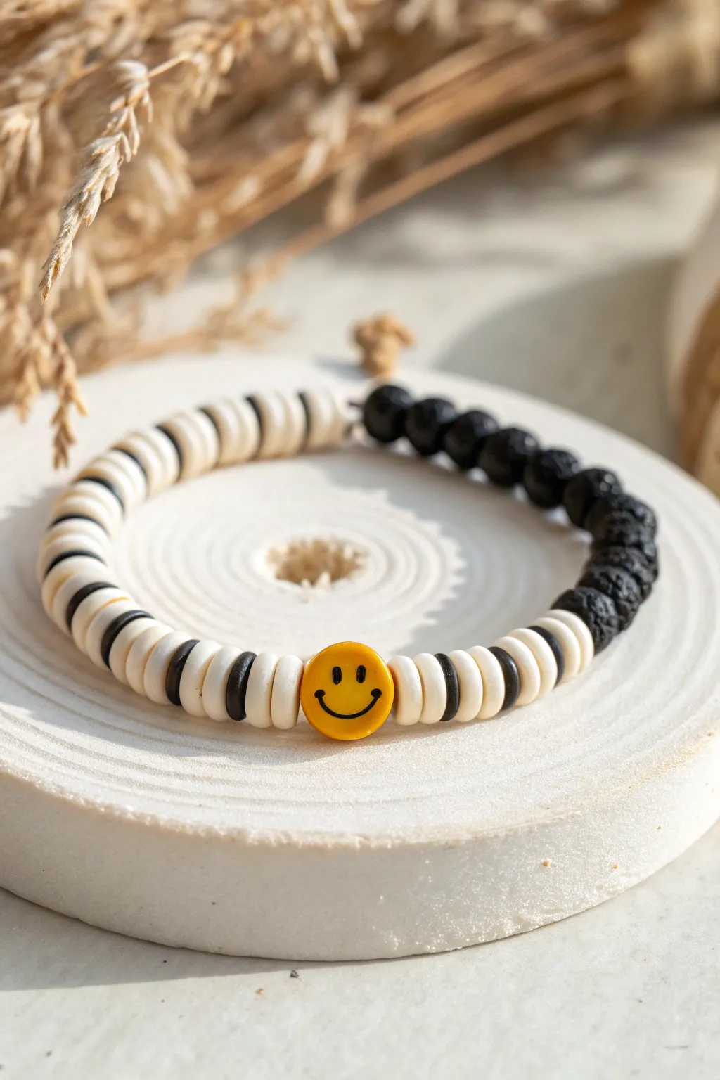 Black and white clay disc bracelet with a bright smiley center bead for minimalist boho vibes