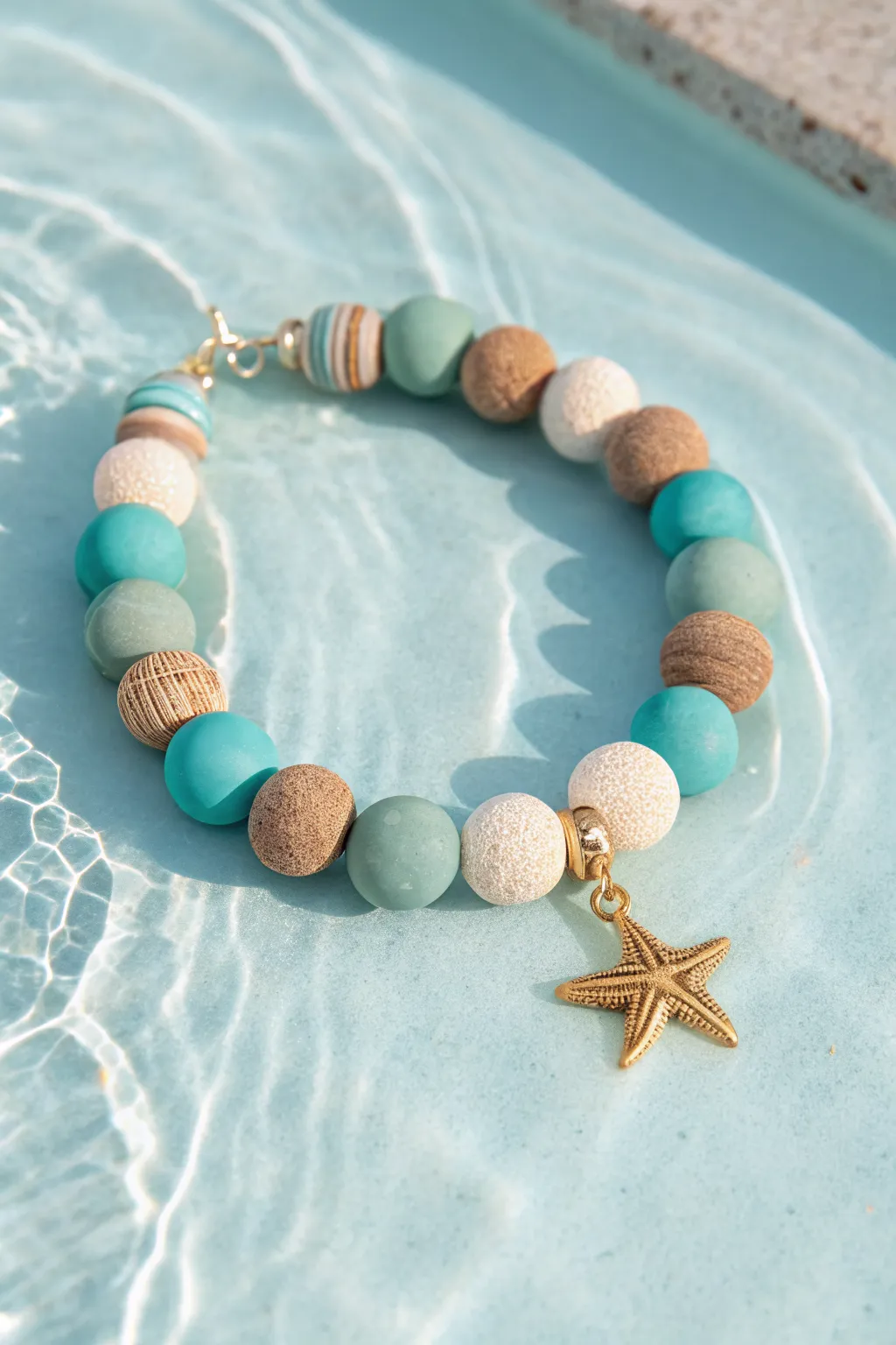 Ocean-tone clay bead bracelet with a sweet starfish charm, airy spacers, and beachy summer vibes