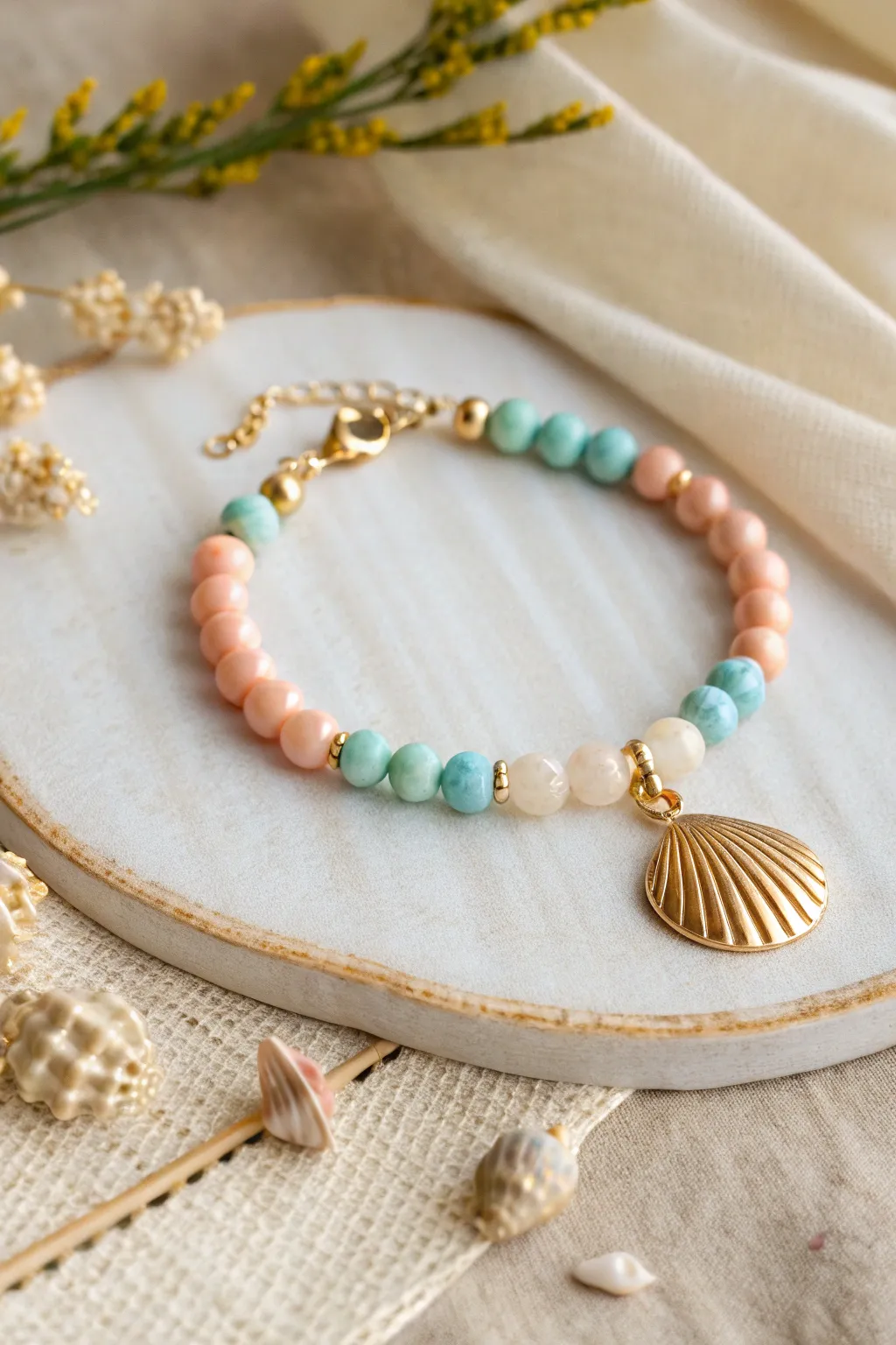 Soft pastel clay bead bracelet with a scallop shell charm, styled on sunlit linen
