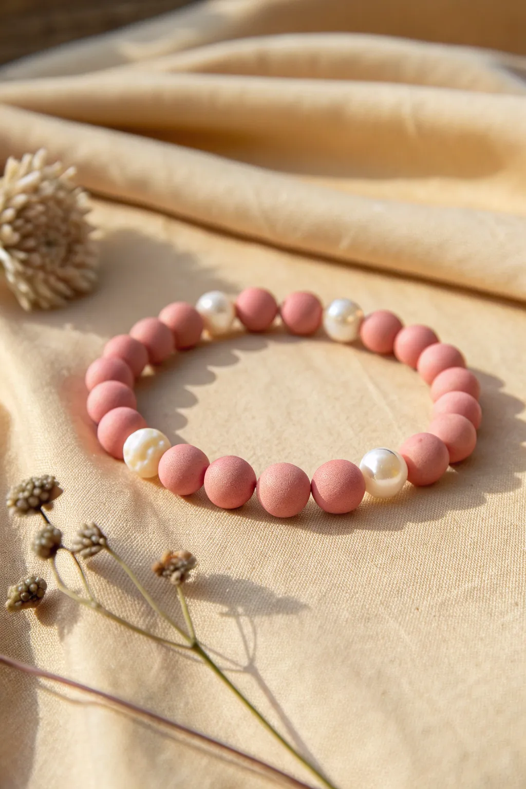 Blush clay beads and creamy pearls for a soft, minimal bracelet with a hint of boho charm.