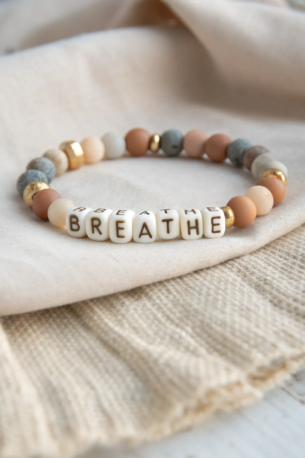 Neutral clay word bracelet spelling BREATHE, with subtle brass spacers and cozy linen tones