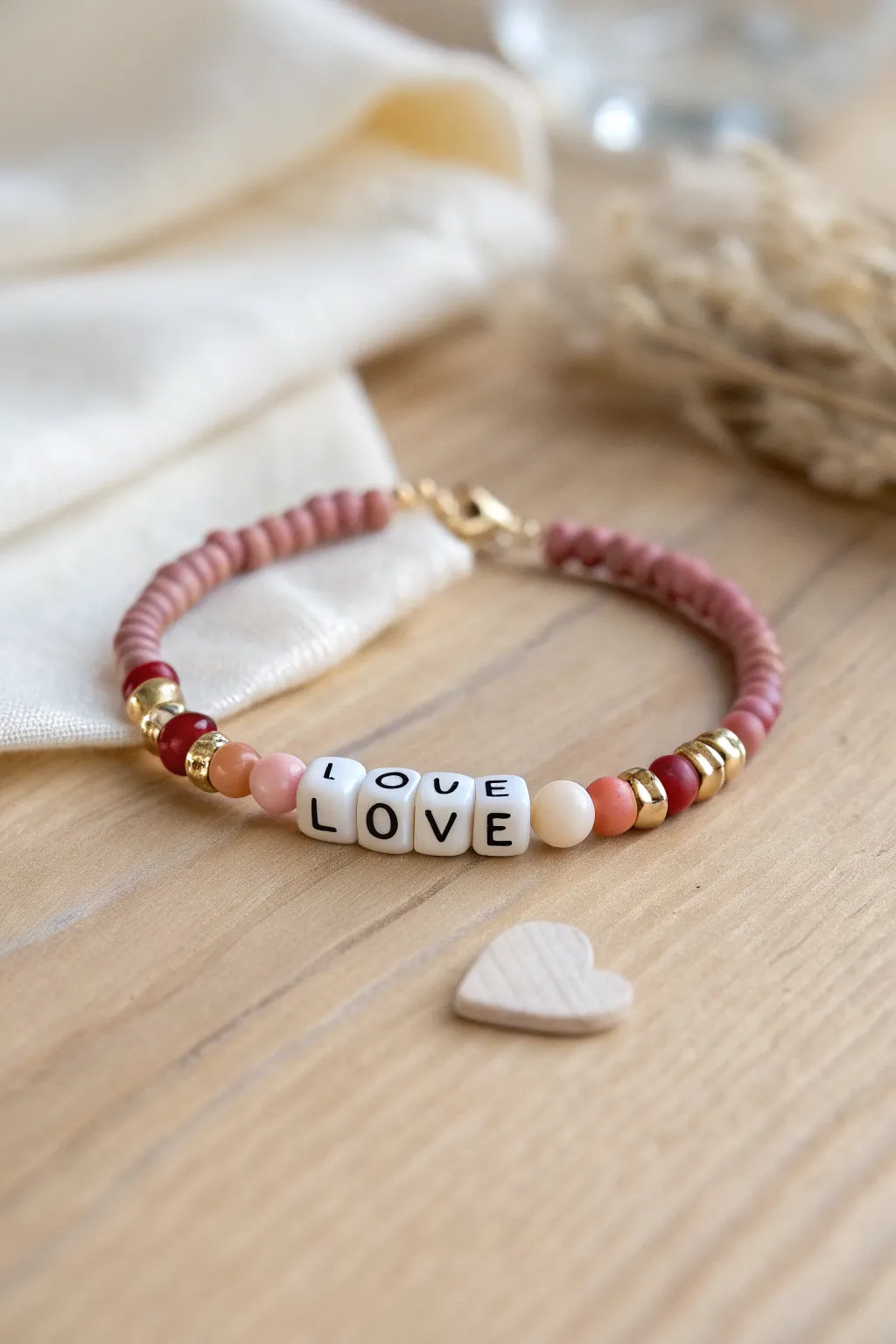 Blush and ivory clay bead bracelet with LOVE letter beads, minimal Scandinavian boho vibe.