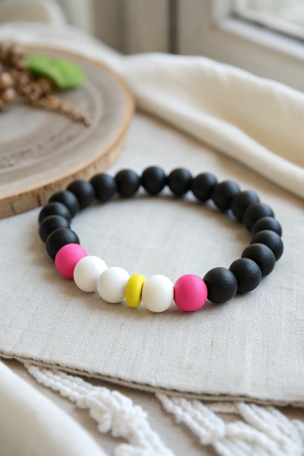 Monochrome clay bead bracelet with a single bright pop of color for modern contrast.