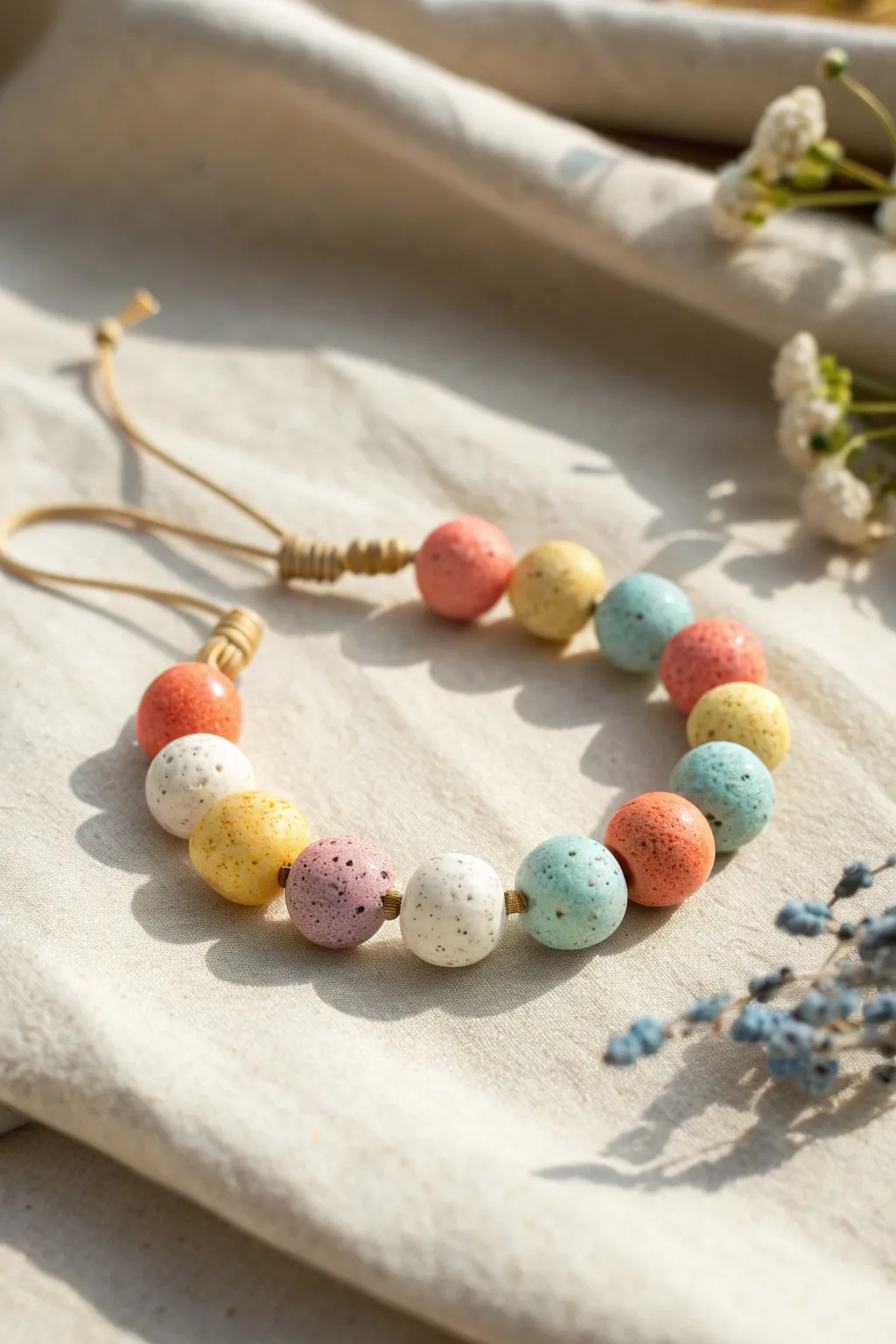 Playful confetti clay bead bracelet in a bright mix, styled minimal on linen with soft daylight
