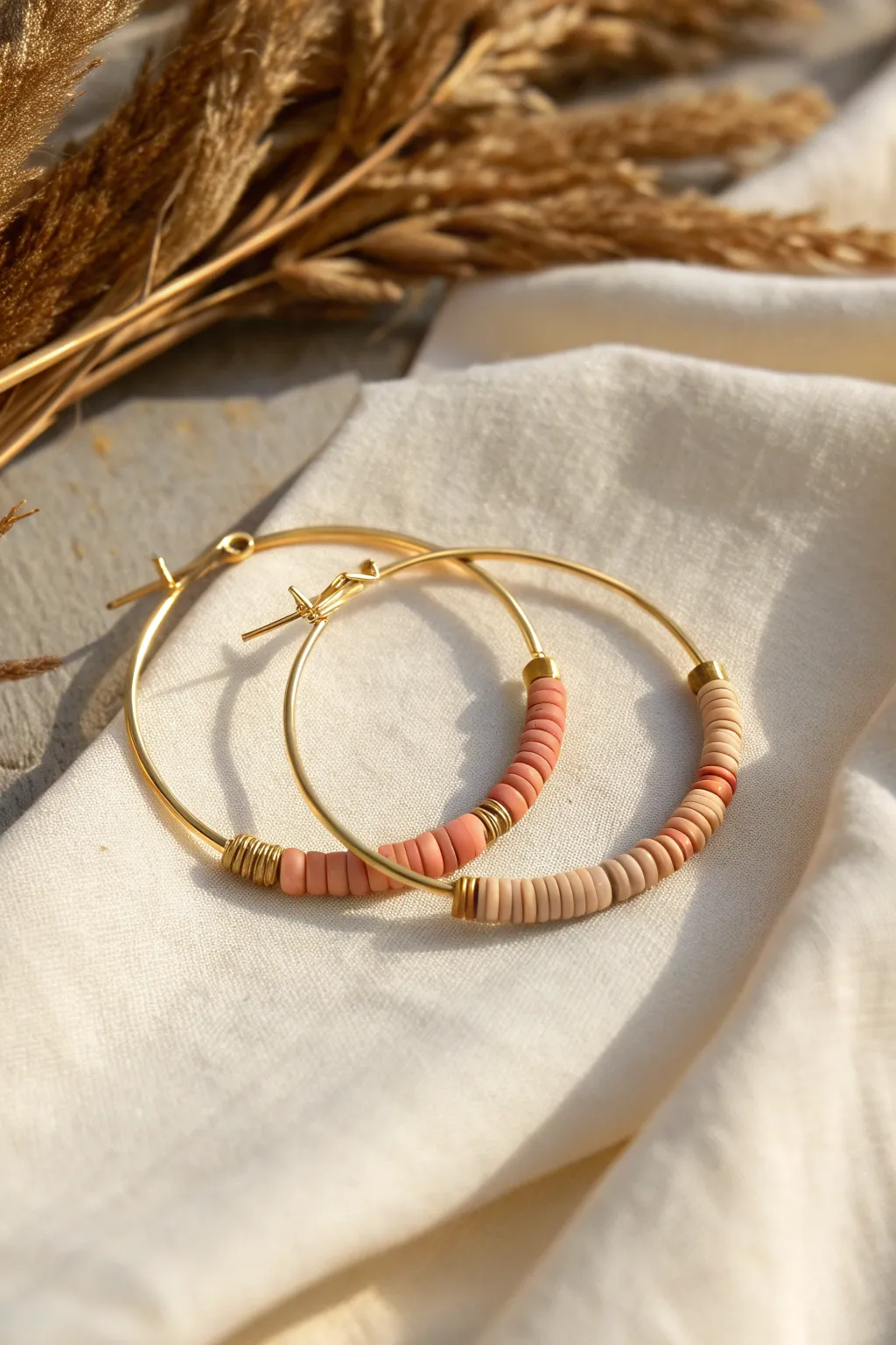 Minimal half-beaded hoops with clay heishi beads, leaving airy bare metal for a modern boho vibe.