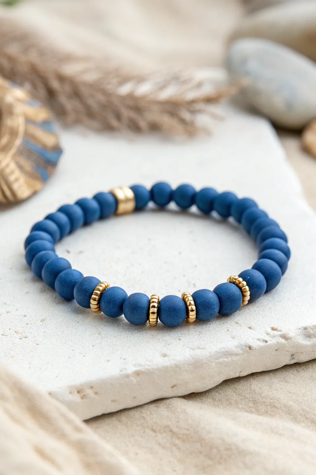 Cobalt clay beads with golden spacers, a simple rhythmic bracelet for modern boho minimalists.