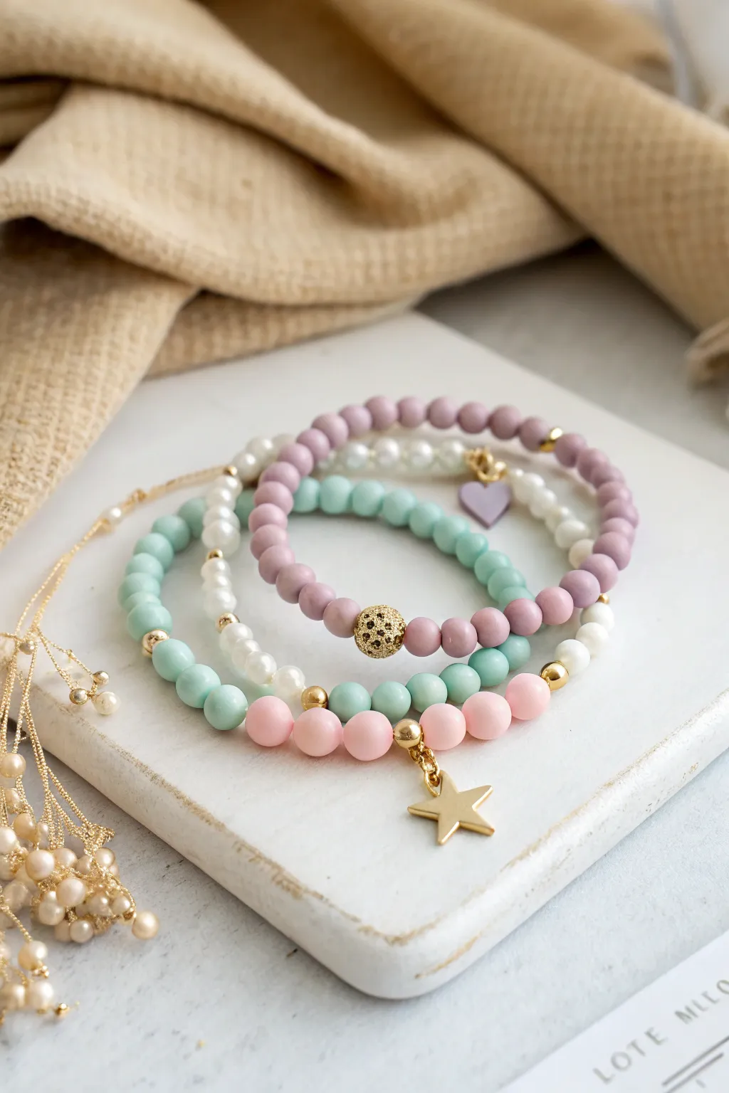 Pastel clay bead bracelet stack with mini centered charms for sweet, simple everyday style.