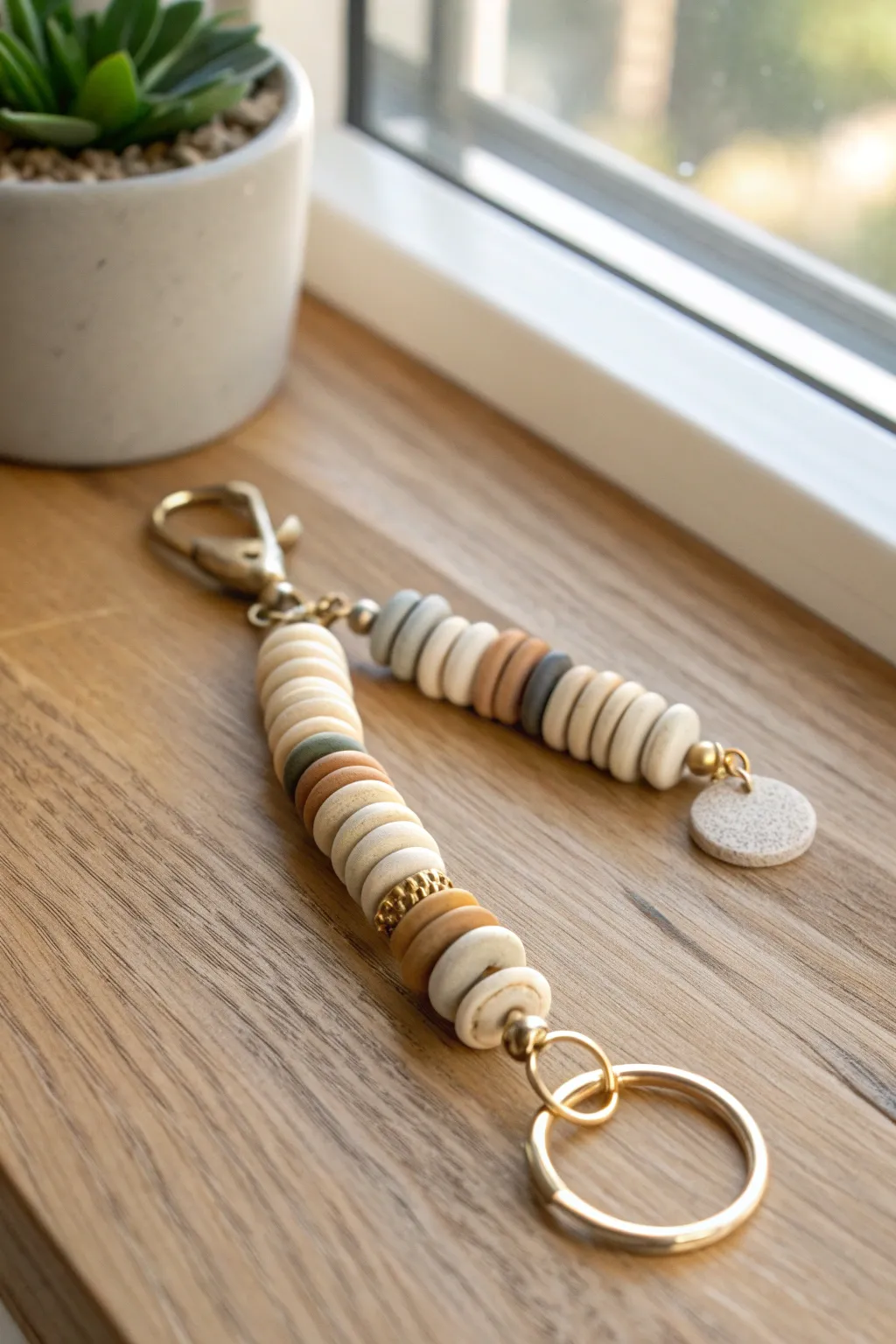 Neutral stone-toned clay heishi keychain with soft metallic spacers on warm wood.