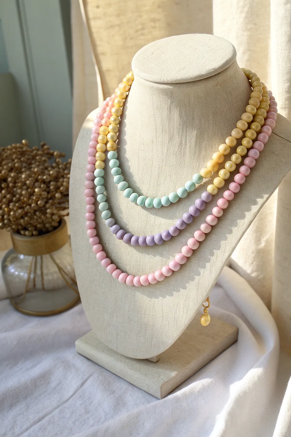 Candy pastel clay bead necklace stack in lavender, mint, blush, and butter yellow summer tones.