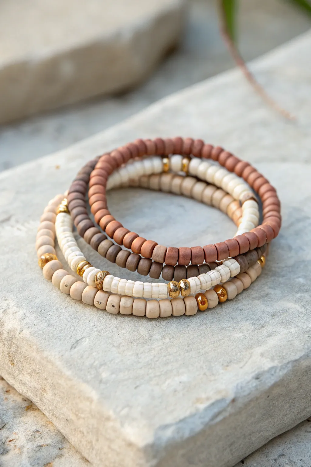 Neutral heishi clay bracelet stack in soft earthy tones for an effortless minimalist boho vibe.