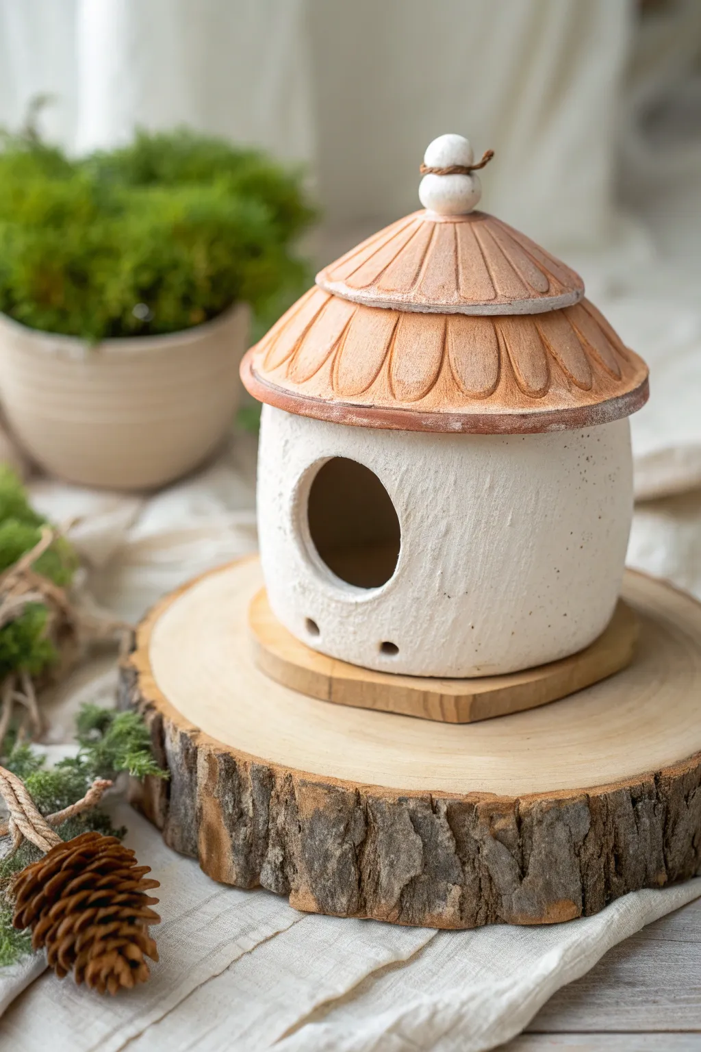 Simple domed clay cottage birdhouse styled on wood and moss for cozy garden charm.