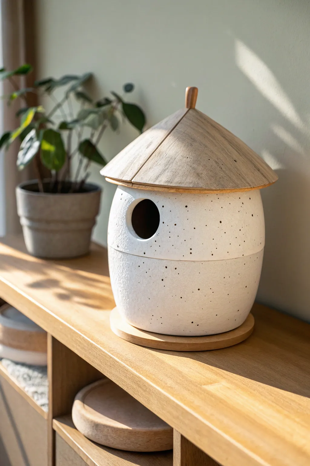 Lift-off roof clay birdhouse in calm neutrals, slightly ajar to show easy cleaning access.
