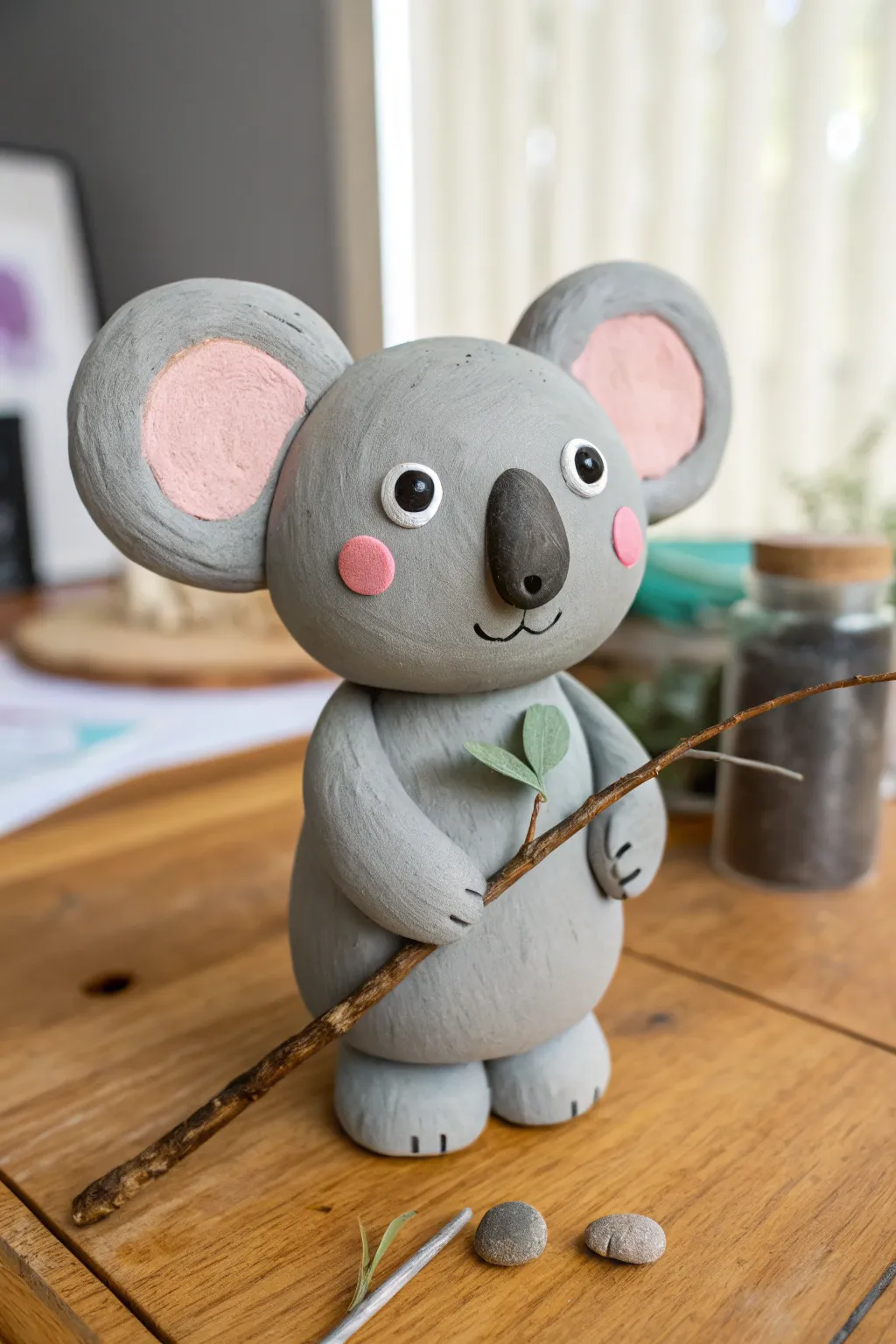 Sweet koala clay bobblehead hugging a tiny branch, minimalist Scandi-boho look for cozy decor.
