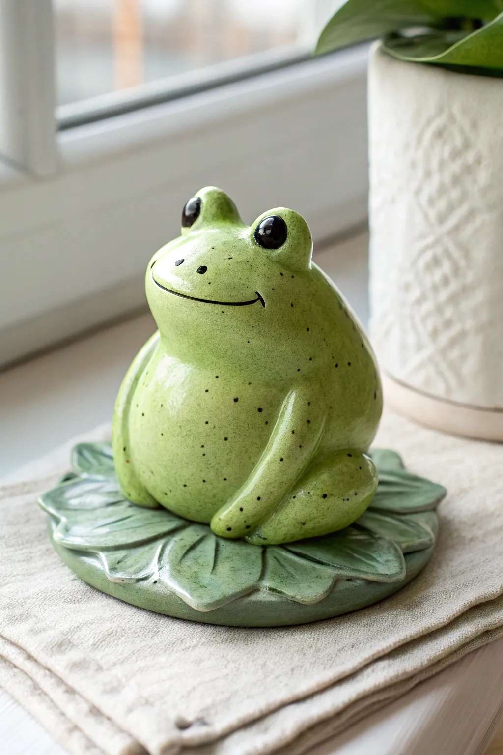 Chubby green frog clay bobblehead on a lily pad base, minimalist and irresistibly cute