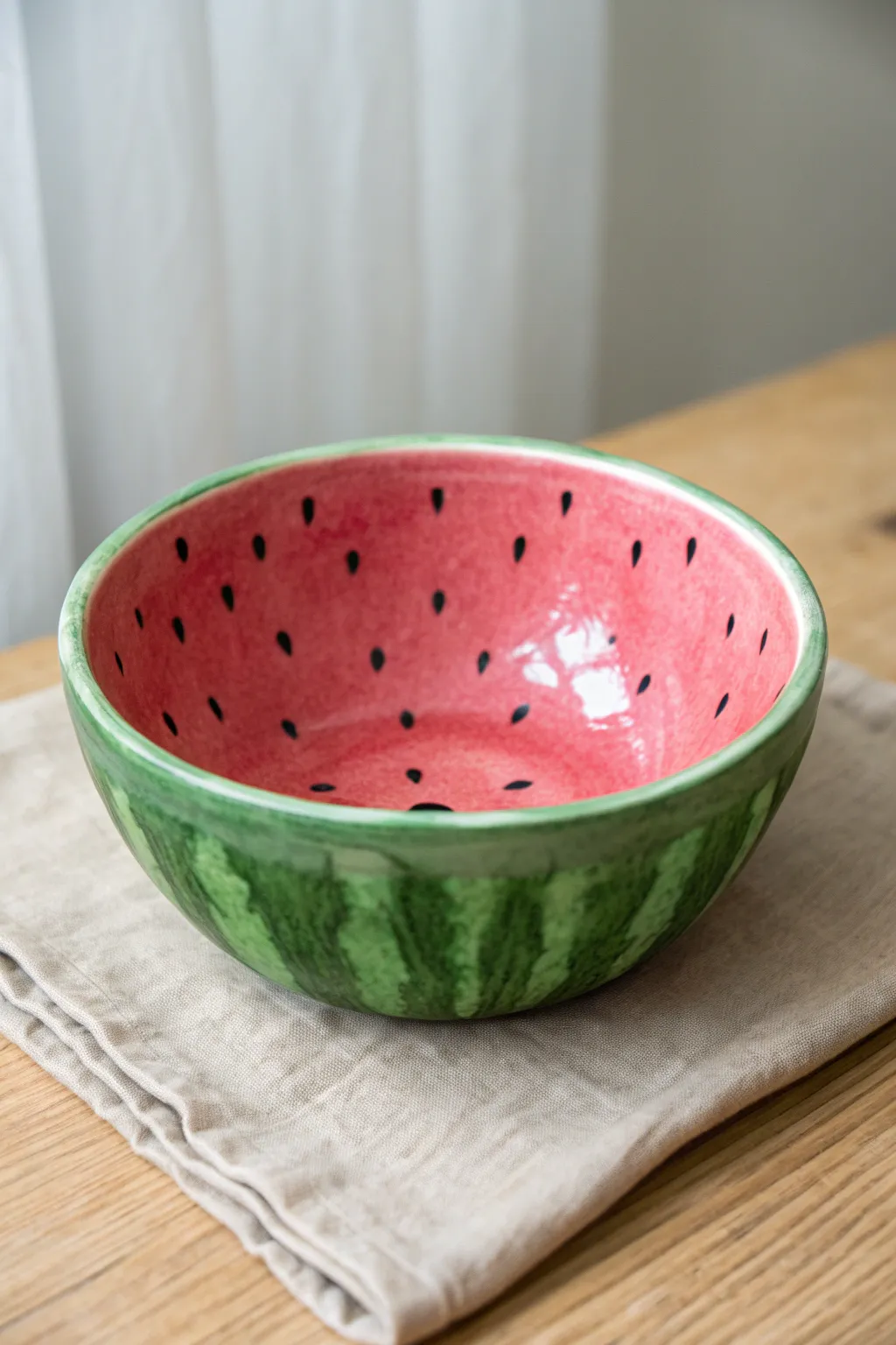 Watermelon slice bowl: playful color, simple seed dots, and clean minimalist styling