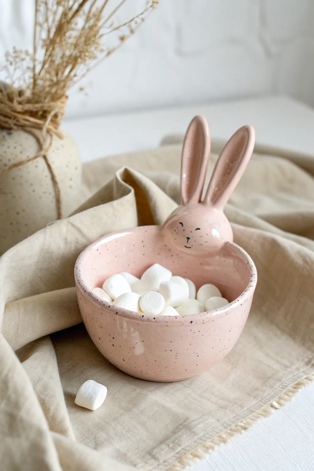Sweet bunny bowl with tall ear handles in soft pastel glaze, styled simply on natural linen.