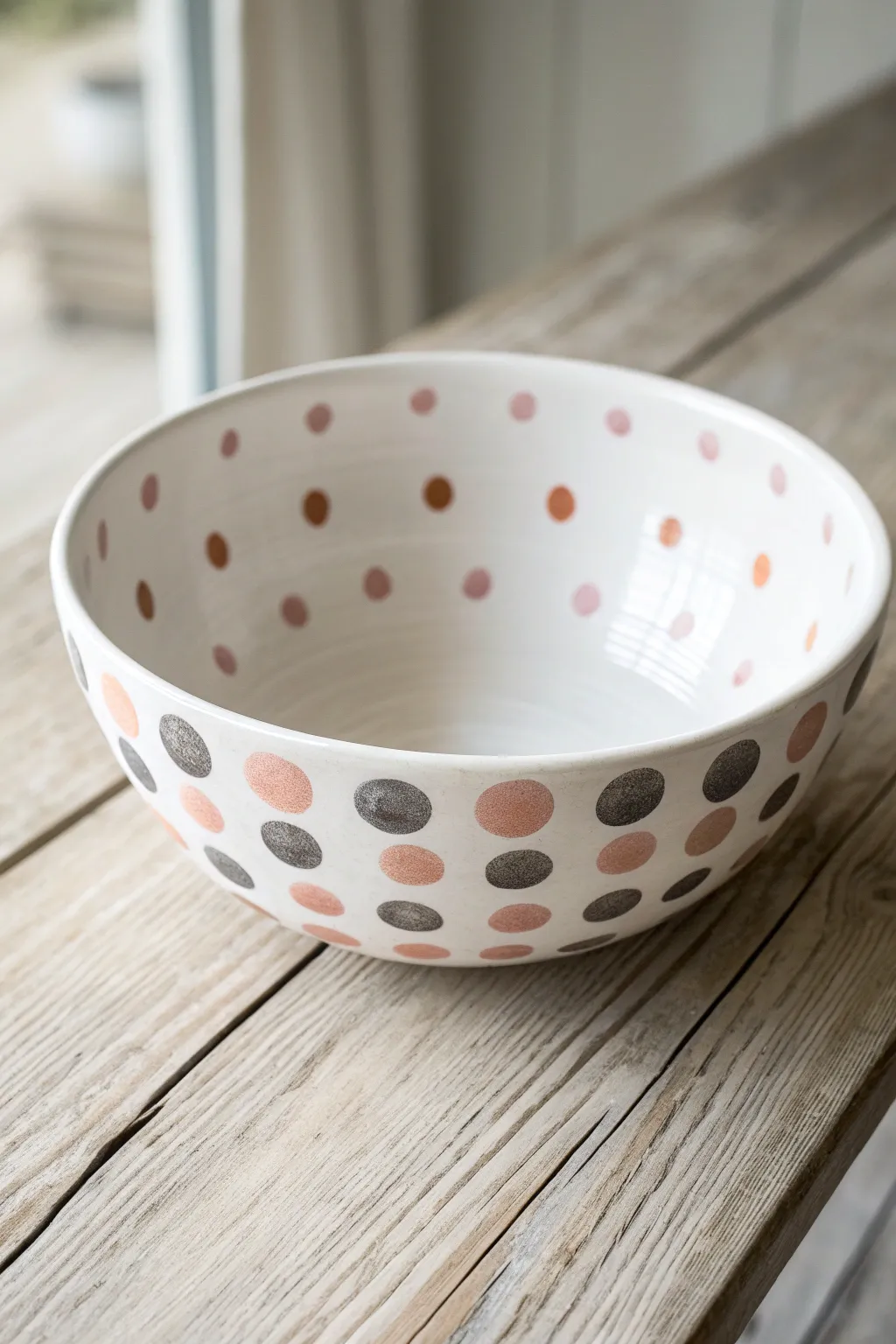 Playful polka dot bowl painting idea in a clean Scandinavian setting, bright and cheerful