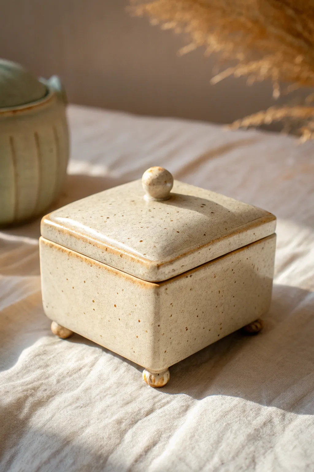 A minimalist footed clay box with rounded feet and a crisp shadow for an elevated look